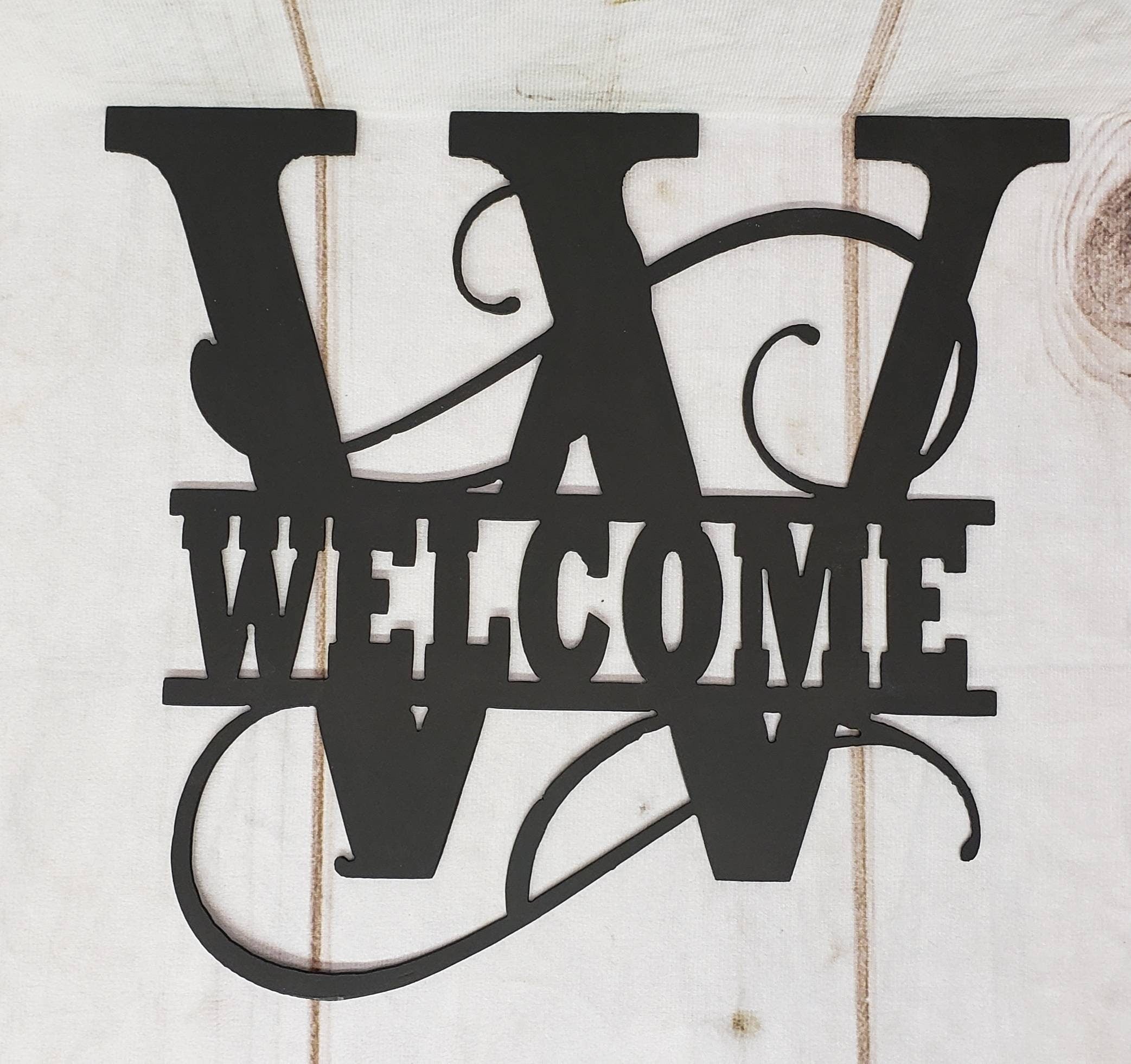 Welcome Split Letter Monogram Aluminum Sign — lifestyle setting