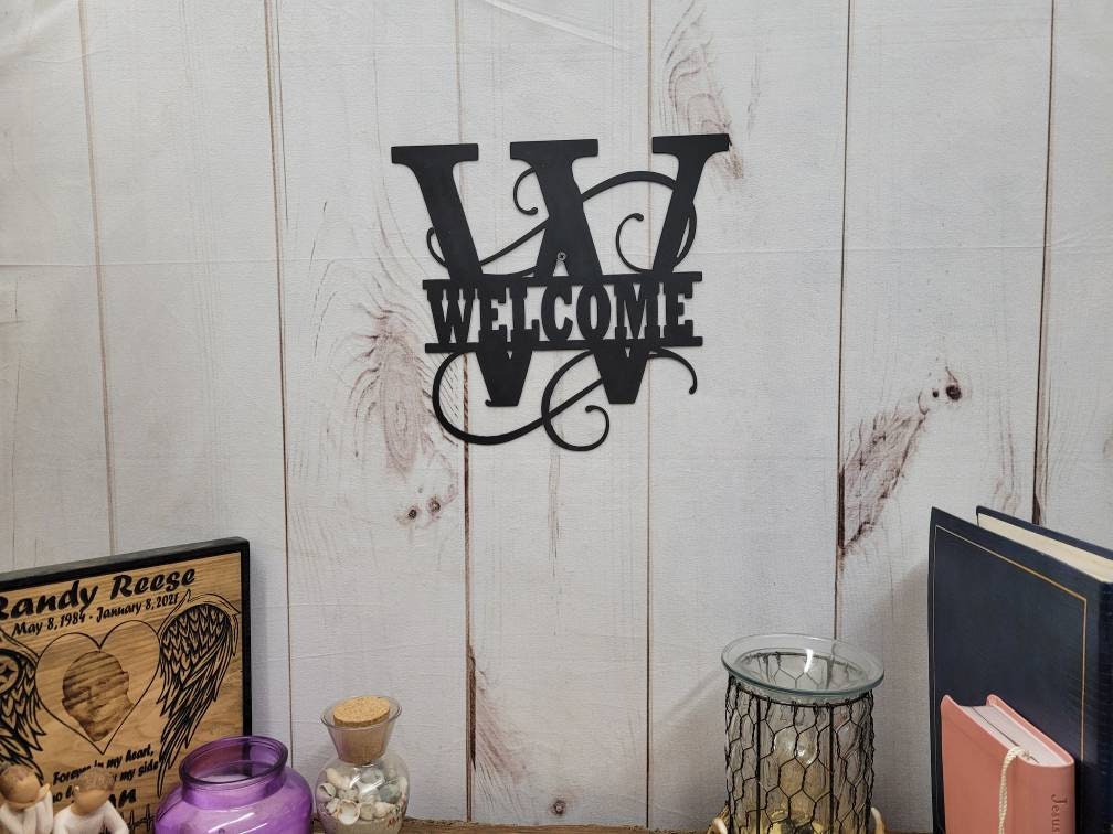 Welcome Split Letter Monogram Aluminum Sign — alternate angle