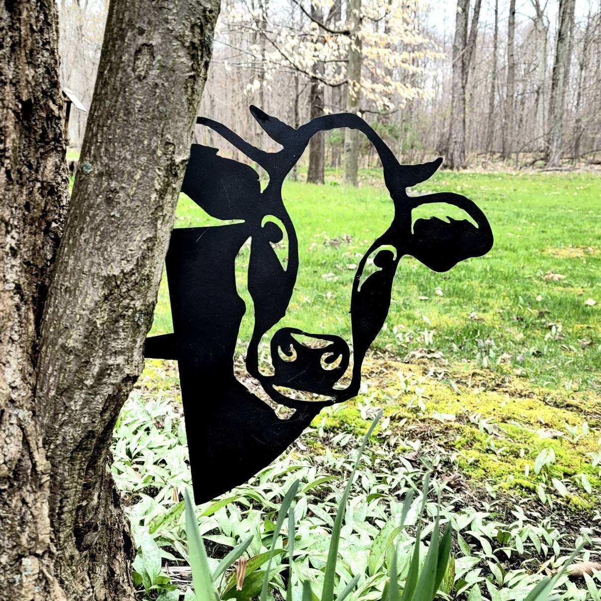Peeking Cow Metal Garden Stake Metal Garden Stake — lifestyle setting