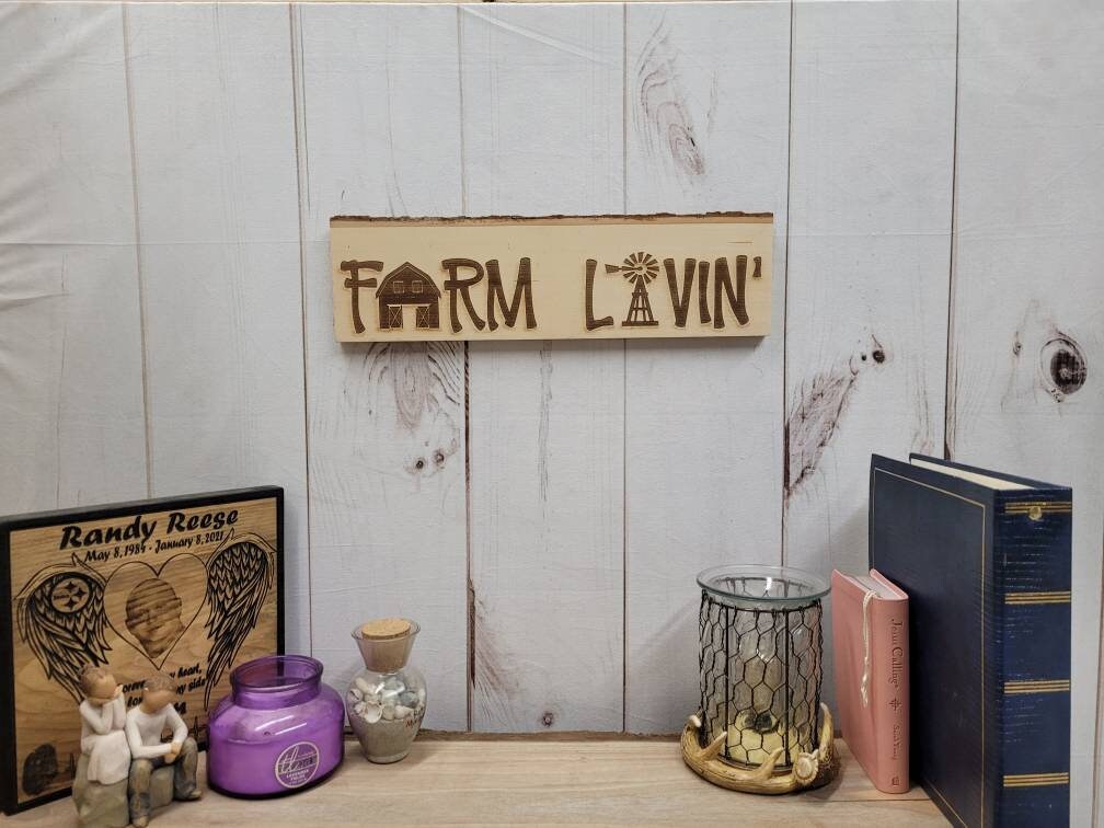 Live Edge Farmhouse Sign Wood Sign — shown on a rustic wall