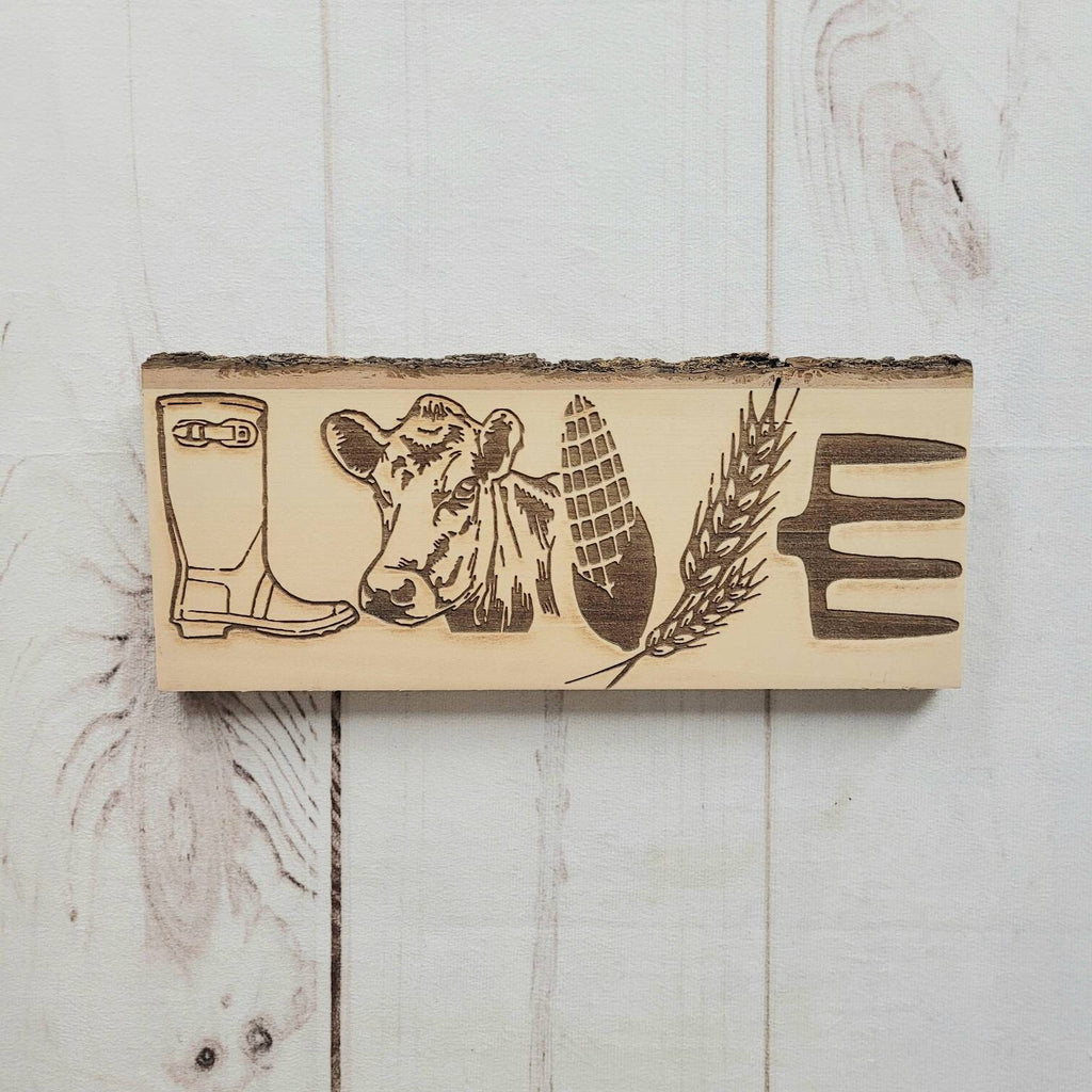 Farm Love Engraved Live Edge Wood Sign Wood Sign — front view on white background