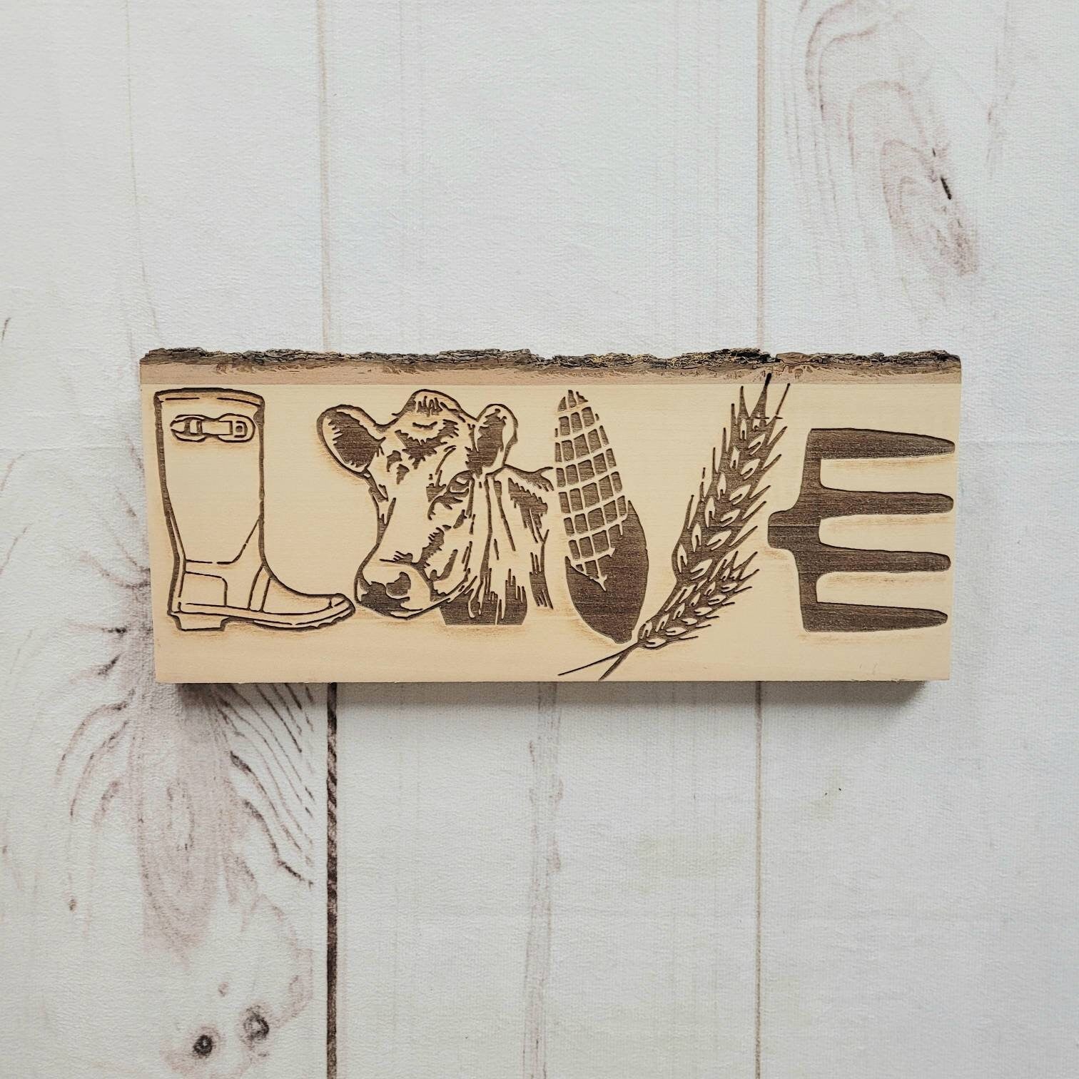 Farm Love Engraved Live Edge Wood Sign Wood Sign — front view on white background