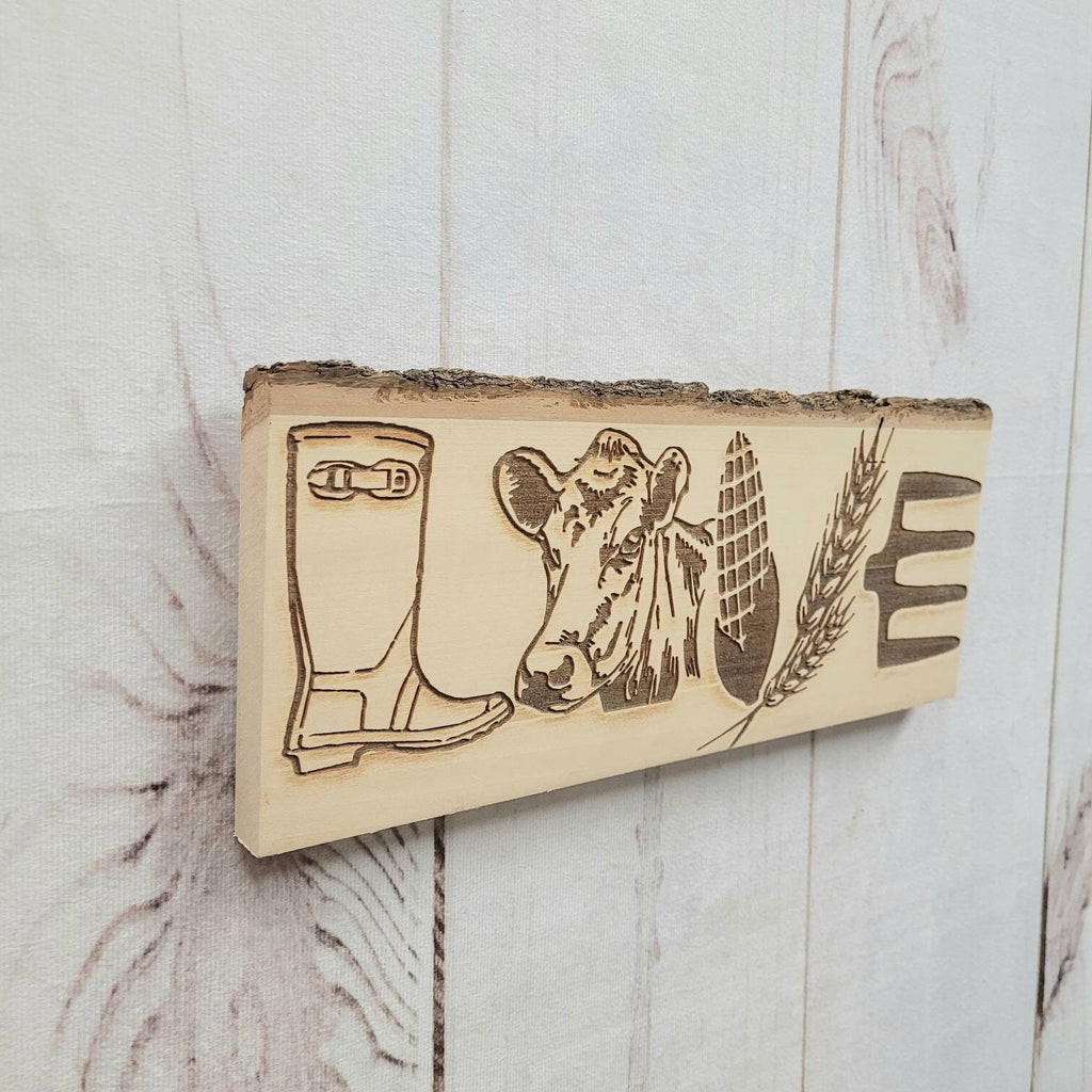 Farm Love Engraved Live Edge Wood Sign Wood Sign — shown on a rustic wall