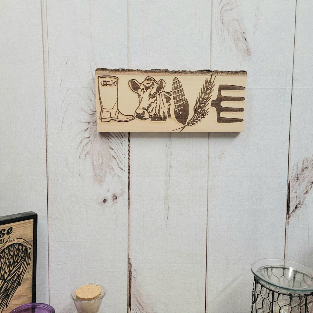 Farm Love Engraved Live Edge Wood Sign Wood Sign — lifestyle setting