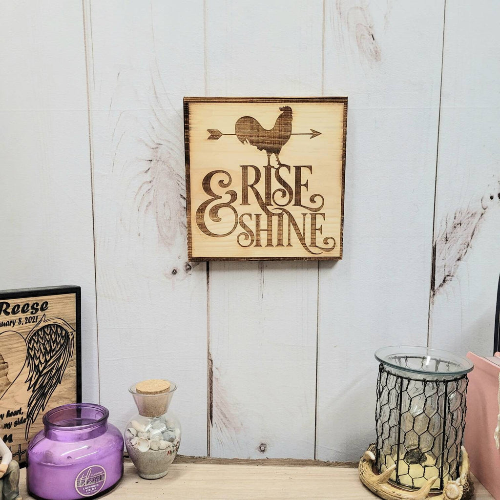 Rooster Farmhouse Wood Sign Wood Sign — shown on a rustic wall
