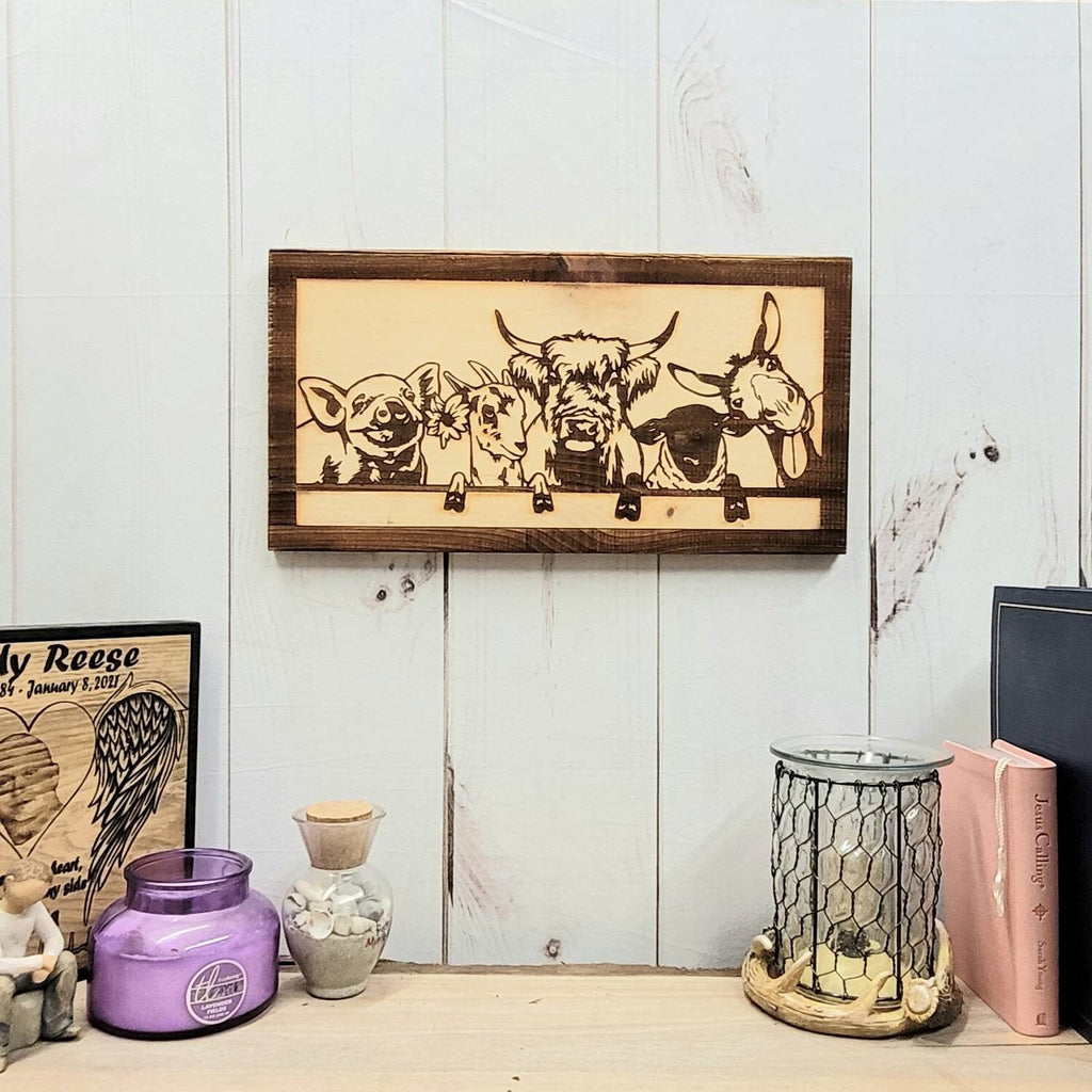 Farm Animals Wood Sign Wood Sign — shown on a rustic wall
