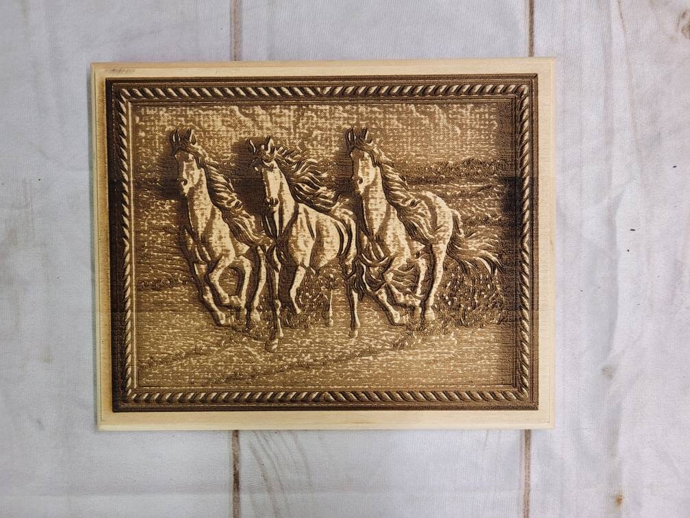 Laser Engraved Running Horse Pine Plaque Wood Sign — front view on white background