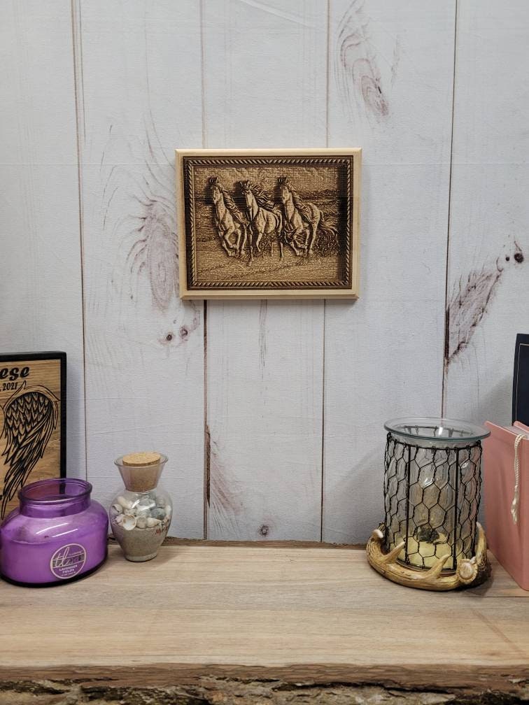 Laser Engraved Running Horse Pine Plaque Wood Sign — lifestyle setting