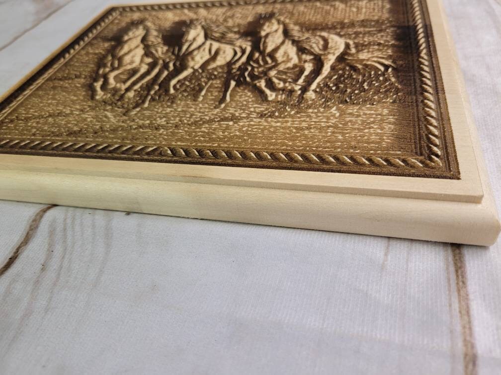 Laser Engraved Running Horse Pine Plaque Wood Sign — detail view