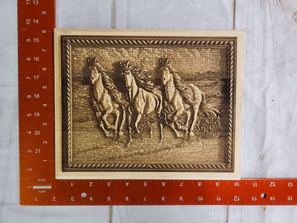 Laser Engraved Running Horse Pine Plaque Wood Sign — alternate angle