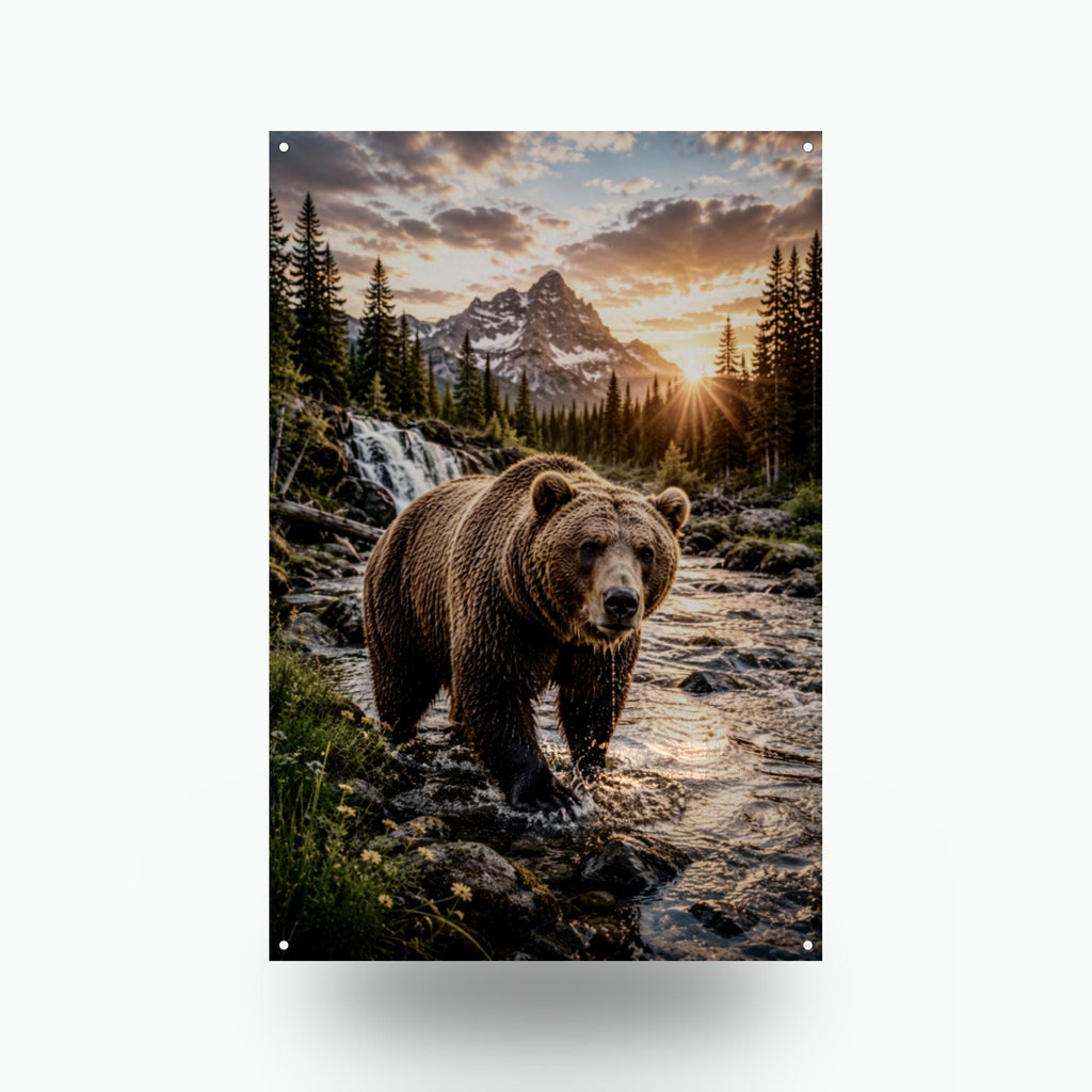 Grizzly Creek Sunrise Bear Metal Sign Aluminum Sign — front view on white background