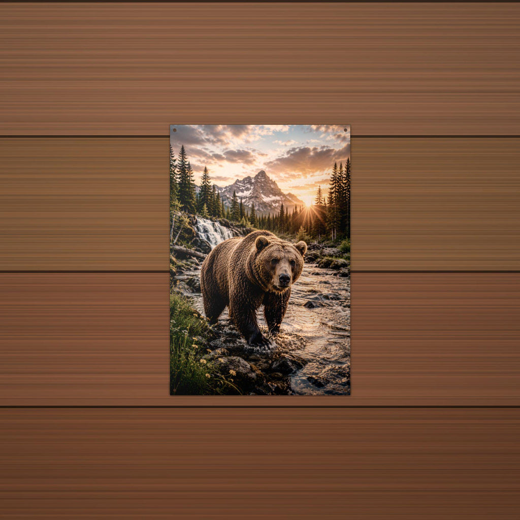 Grizzly Creek Sunrise Bear Metal Sign Aluminum Sign — lifestyle setting