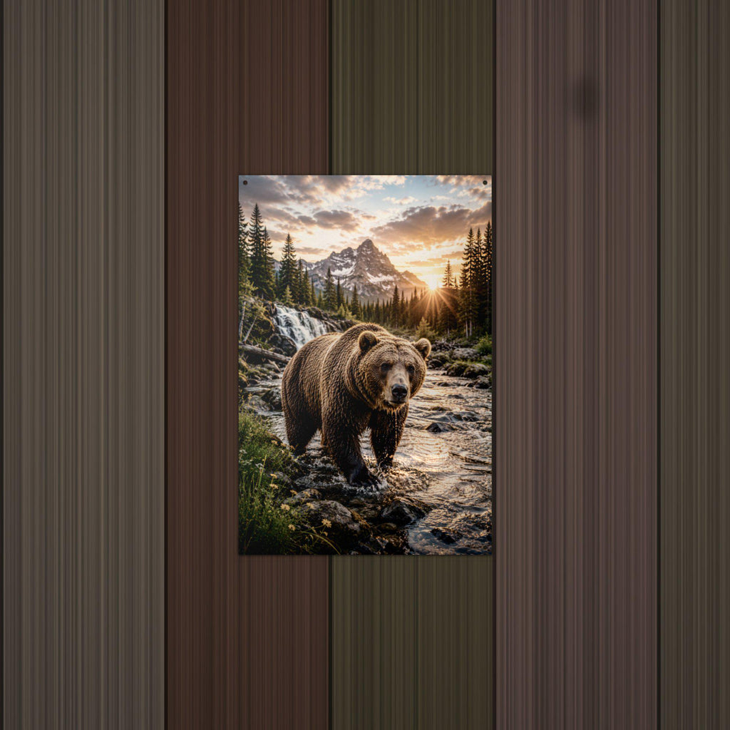 Grizzly Creek Sunrise Bear Metal Sign Aluminum Sign — detail view