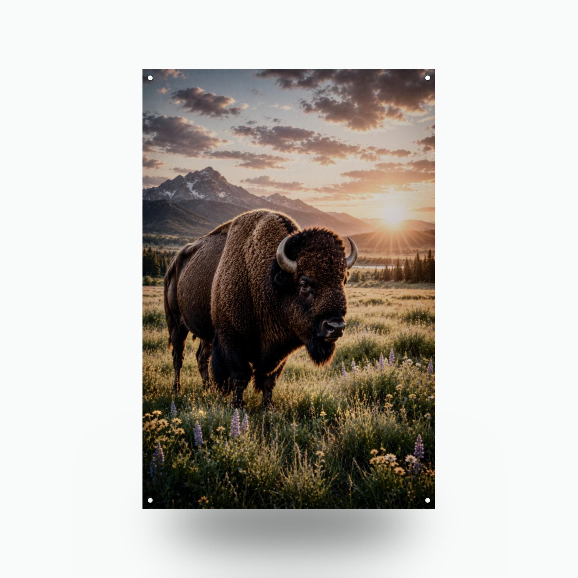Prairie Bison Sunset Bison Metal Sign Aluminum Sign — front view on white background