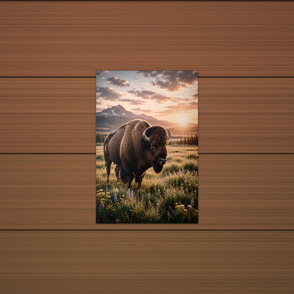 Prairie Bison Sunset Bison Metal Sign Aluminum Sign — lifestyle setting