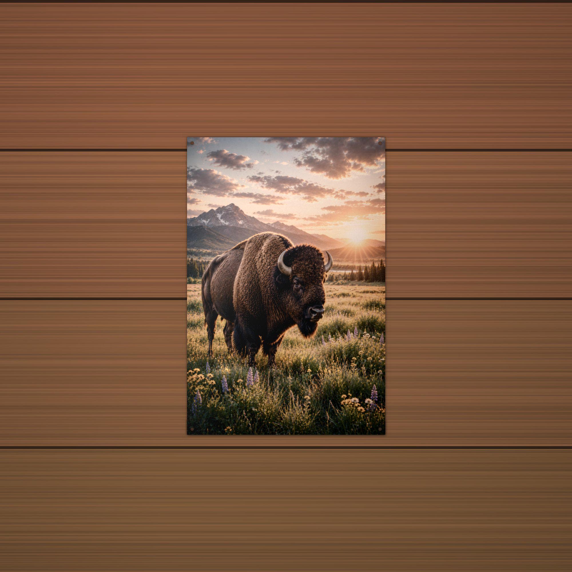 Prairie Bison Sunset Bison Metal Sign Aluminum Sign — lifestyle setting