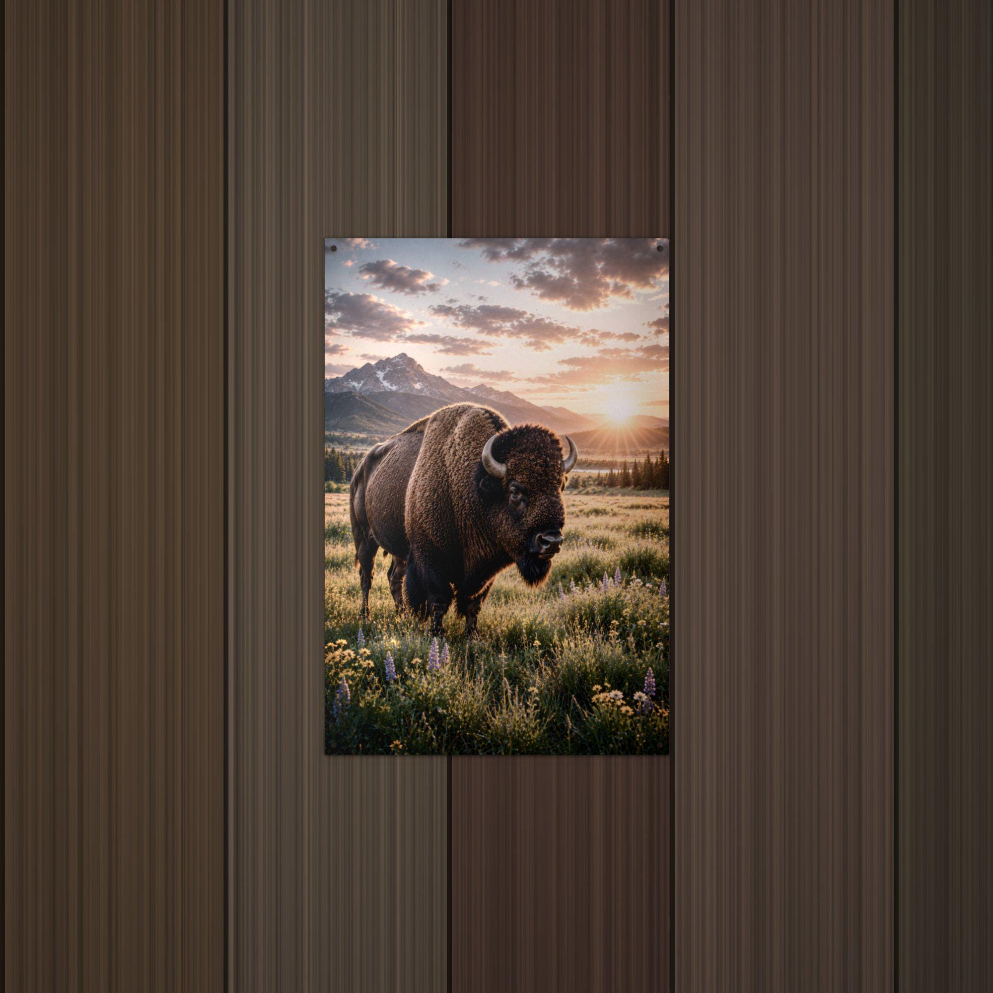 Prairie Bison Sunset Bison Metal Sign Aluminum Sign — detail view