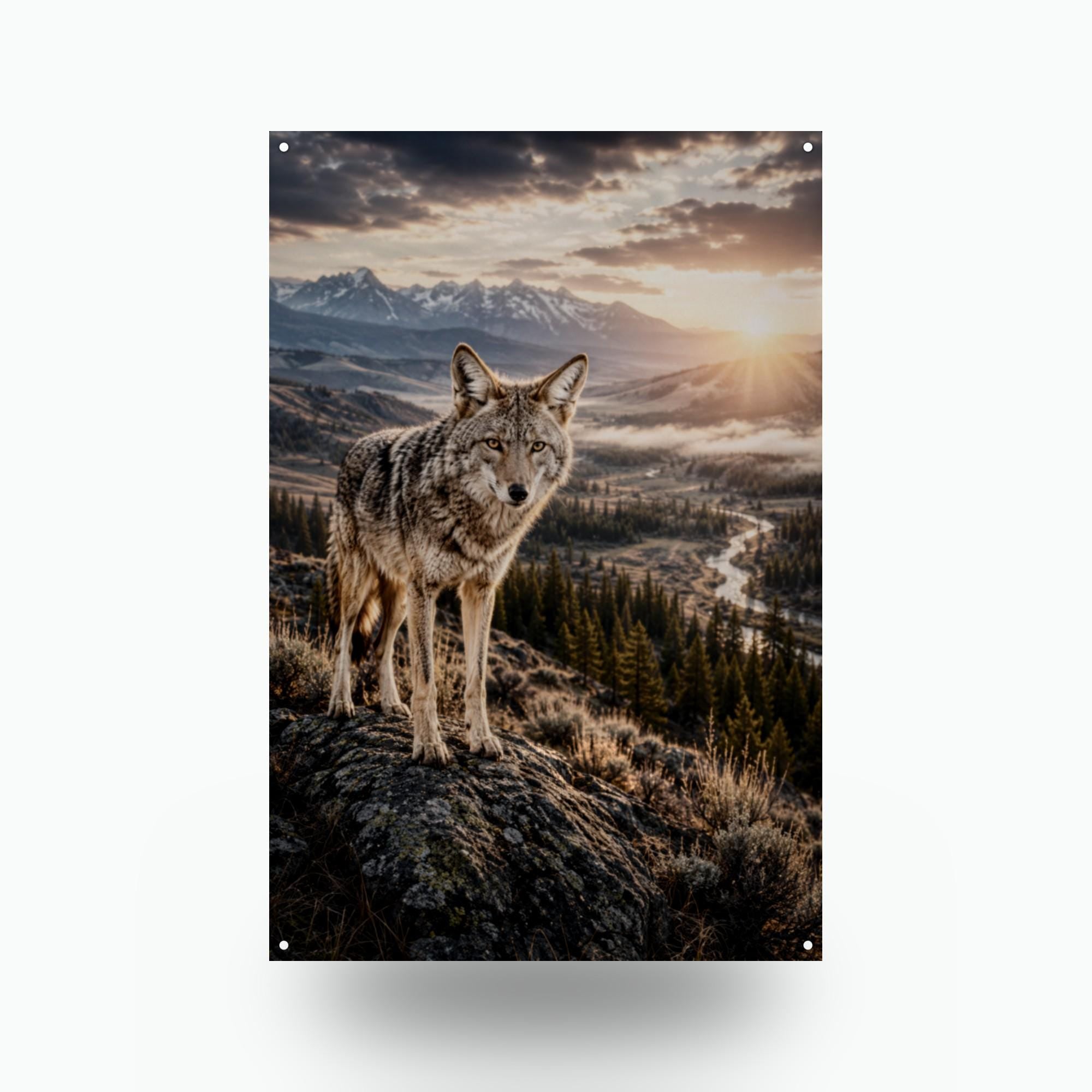 Coyote Ridge Sunset Coyote Metal Sign Aluminum Sign — front view on white background