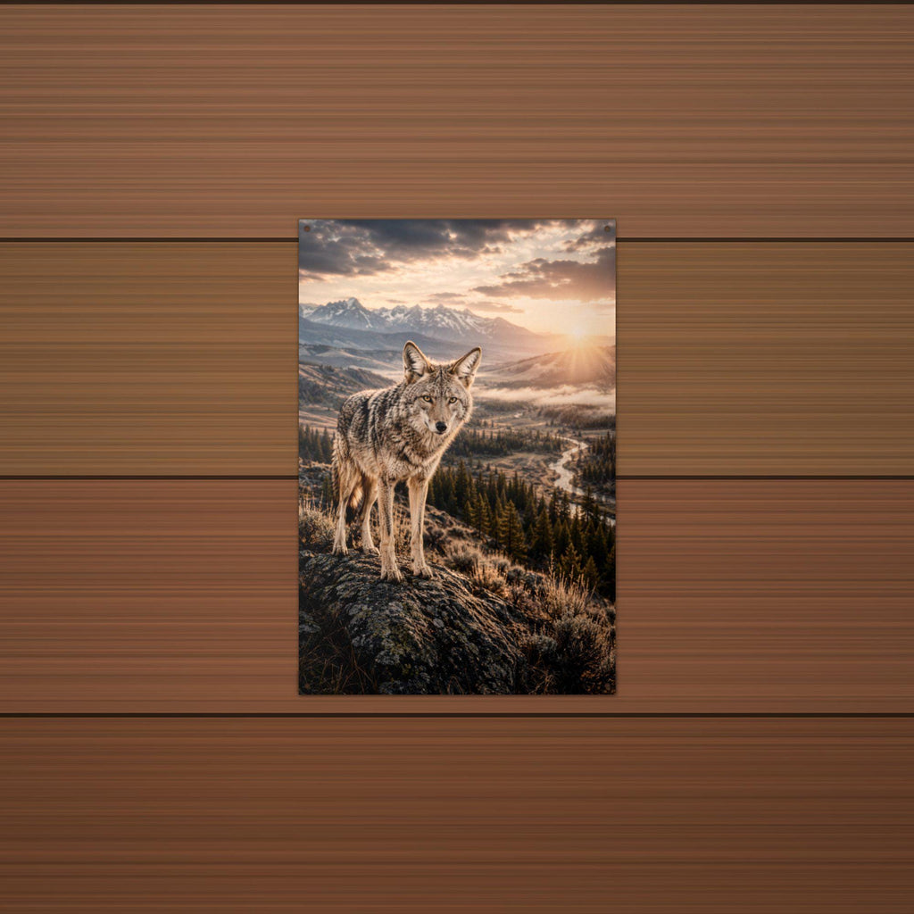 Coyote Ridge Sunset Coyote Metal Sign Aluminum Sign — lifestyle setting