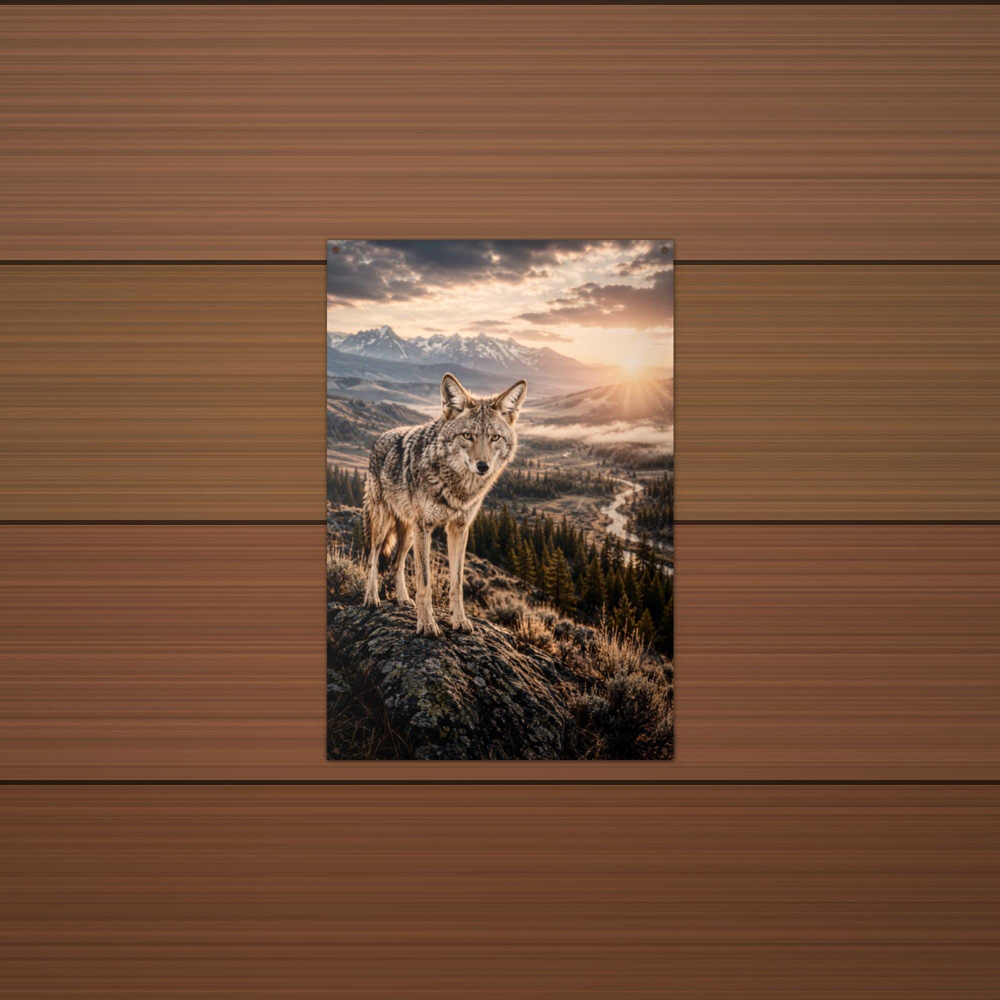 Coyote Ridge Sunset Coyote Metal Sign Aluminum Sign — lifestyle setting