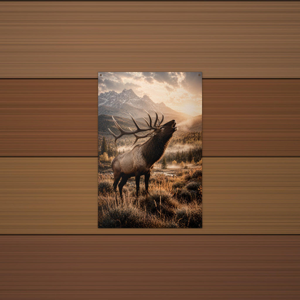 Bugling Elk Sunset Elk Metal Sign Aluminum Sign — lifestyle setting