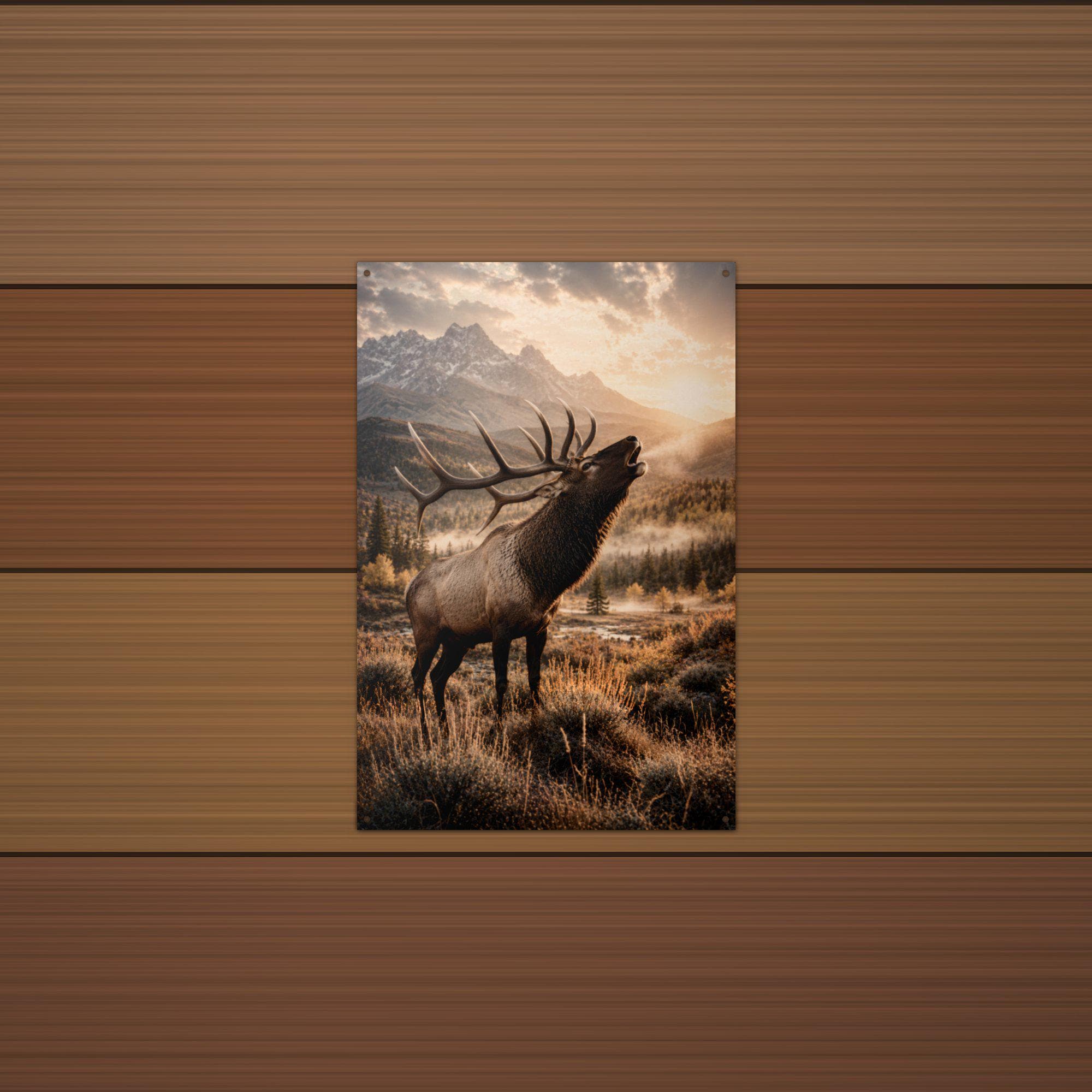 Bugling Elk Sunset Elk Metal Sign Aluminum Sign — lifestyle setting