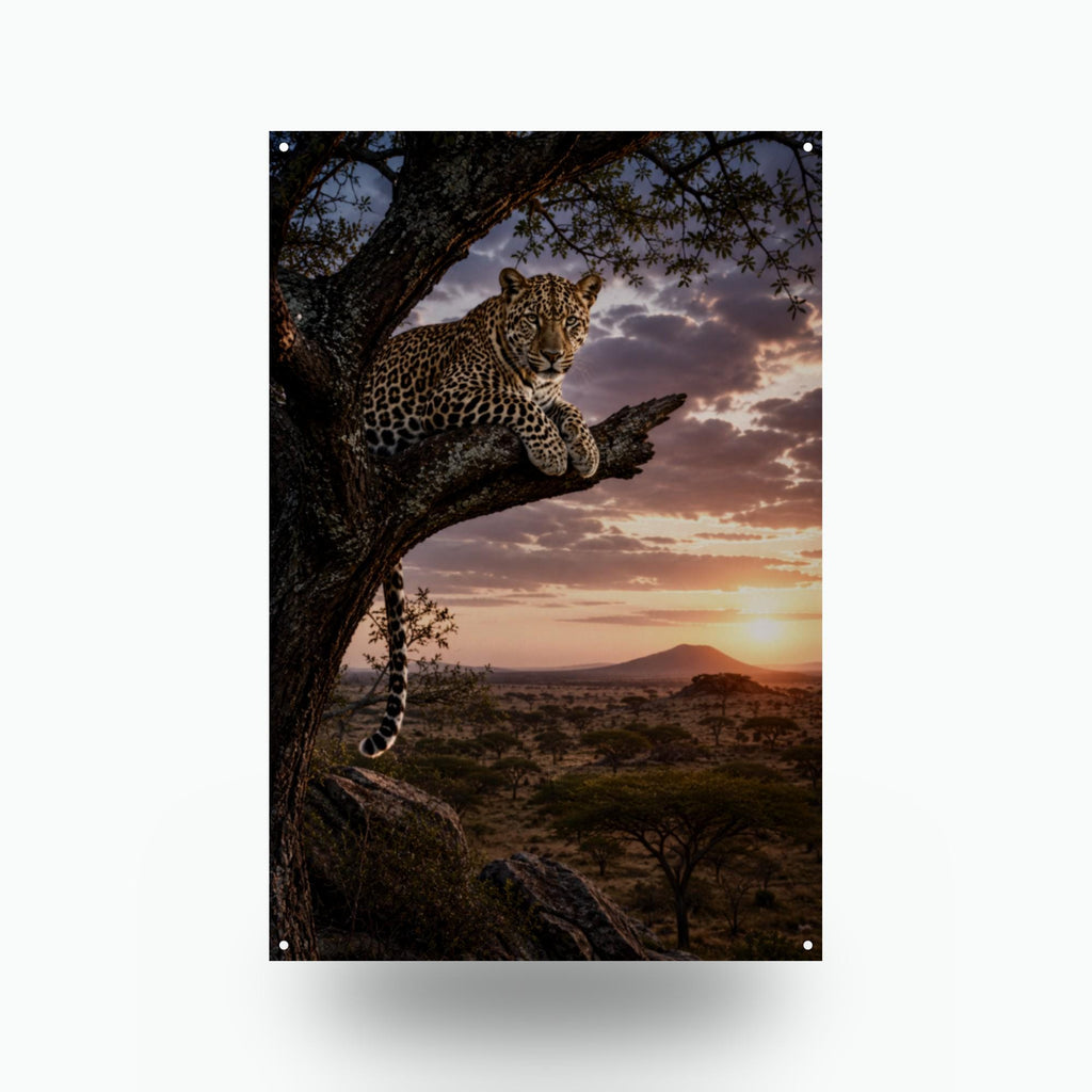 Leopard Tree Sunset Leopard Metal Sign Aluminum Sign — front view on white background