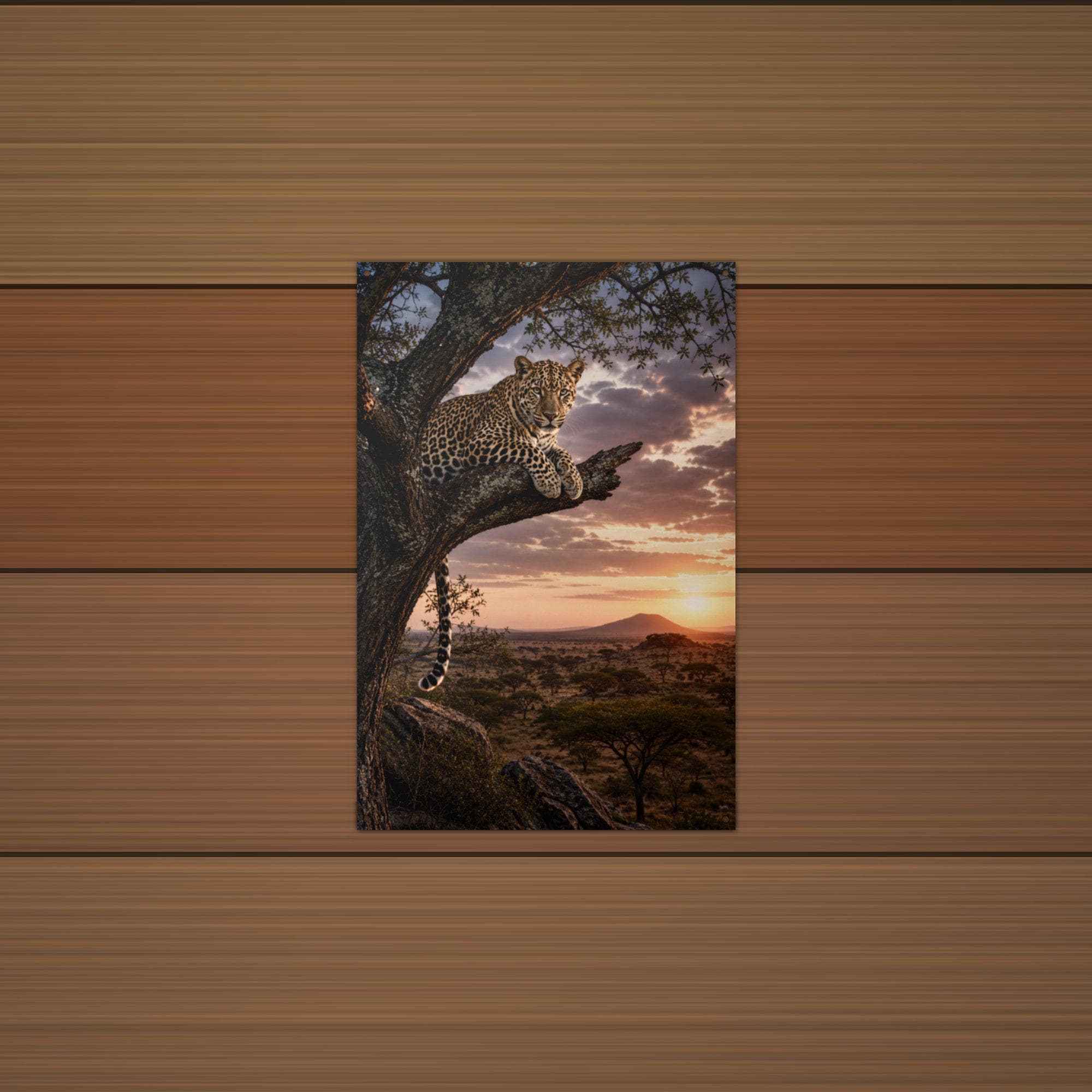Leopard Tree Sunset Leopard Metal Sign Aluminum Sign — lifestyle setting