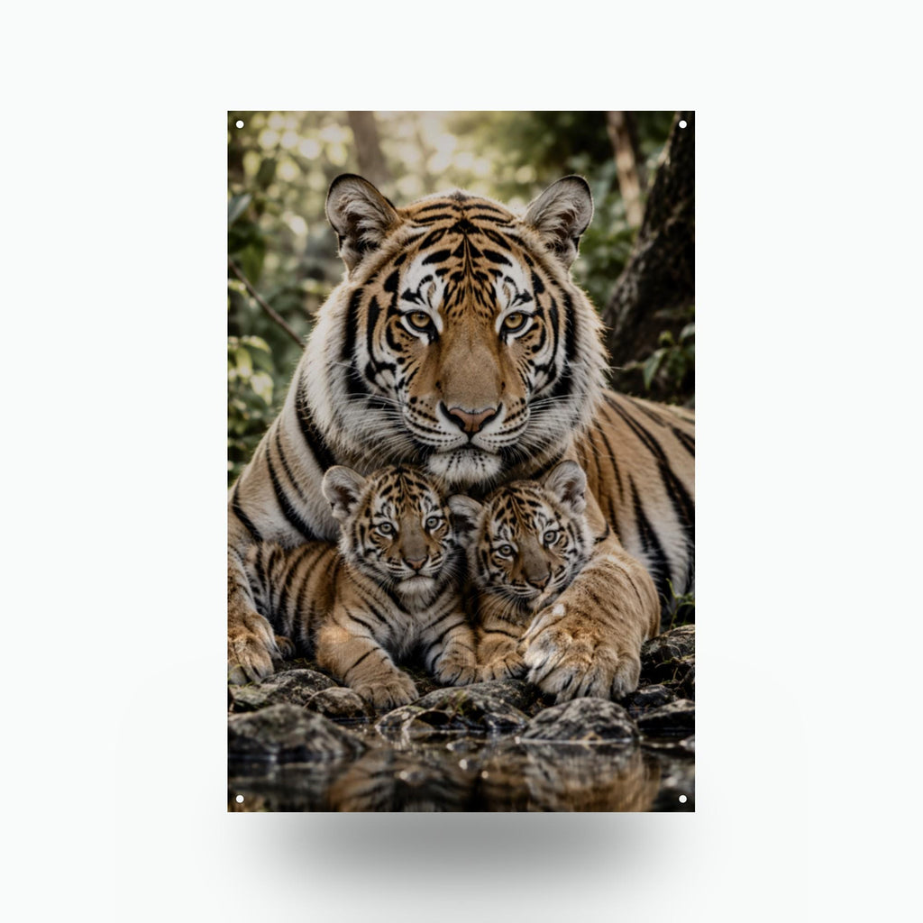 Tiger Mother and Cubs Tiger Metal Sign Aluminum Sign — front view on white background