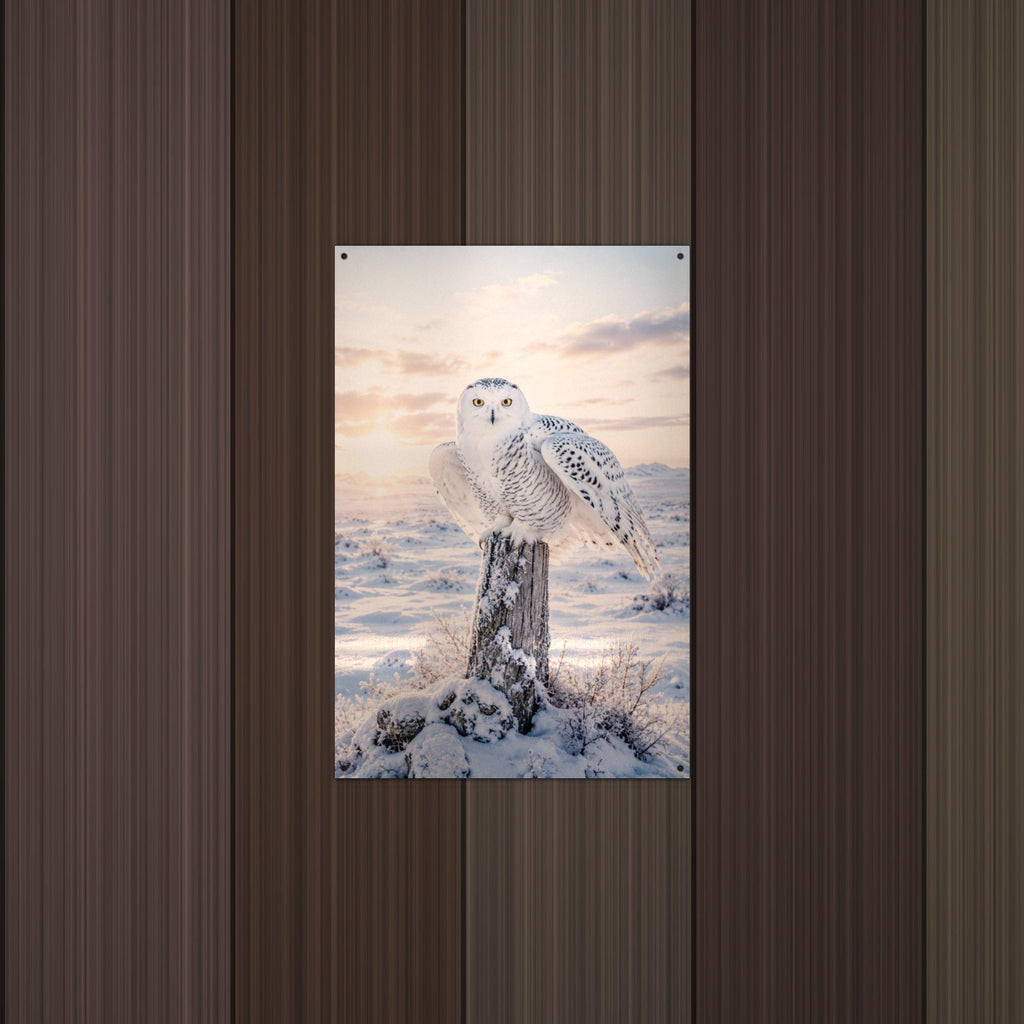 Snowy Owl Sunset Owl Metal Sign Aluminum Sign — lifestyle setting