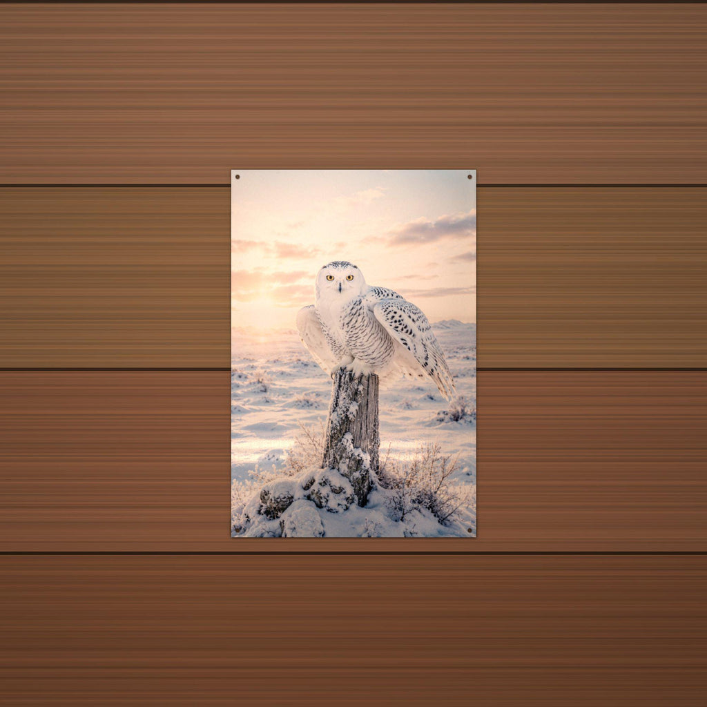 Snowy Owl Sunset Owl Metal Sign Aluminum Sign — detail view