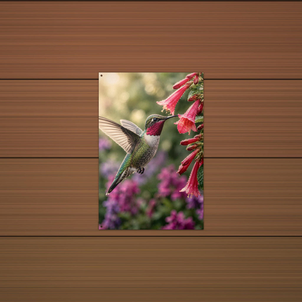 Hummingbird Red Blooms Hummingbird Metal Sign Aluminum Sign — lifestyle setting