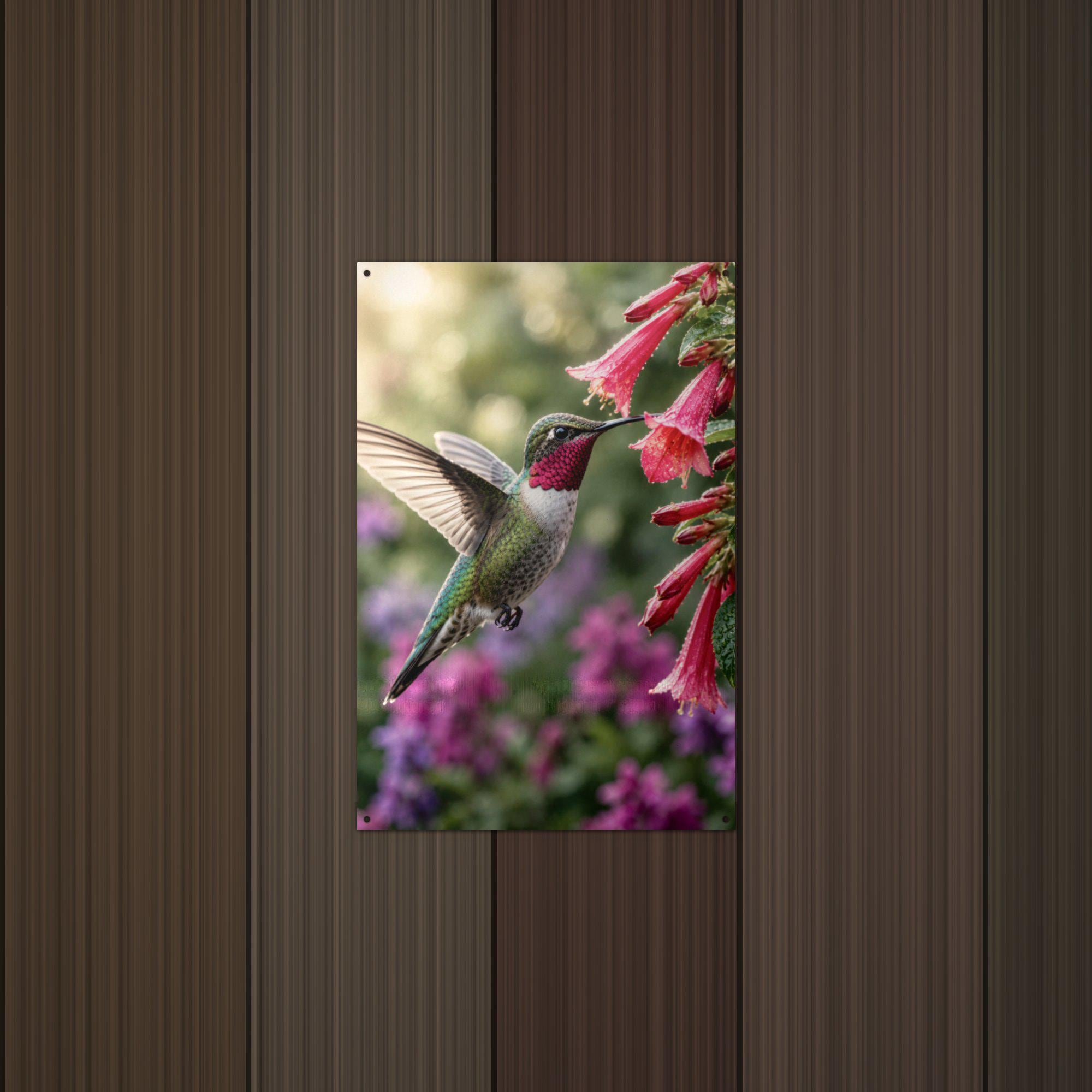 Hummingbird Red Blooms Hummingbird Metal Sign Aluminum Sign — detail view