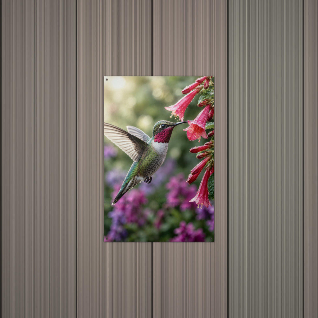 Hummingbird Red Blooms Hummingbird Metal Sign Aluminum Sign — alternate angle