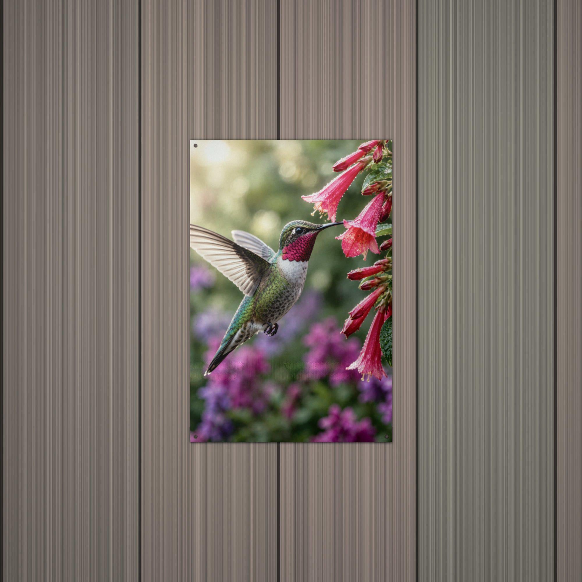 Hummingbird Red Blooms Hummingbird Metal Sign Aluminum Sign — alternate angle