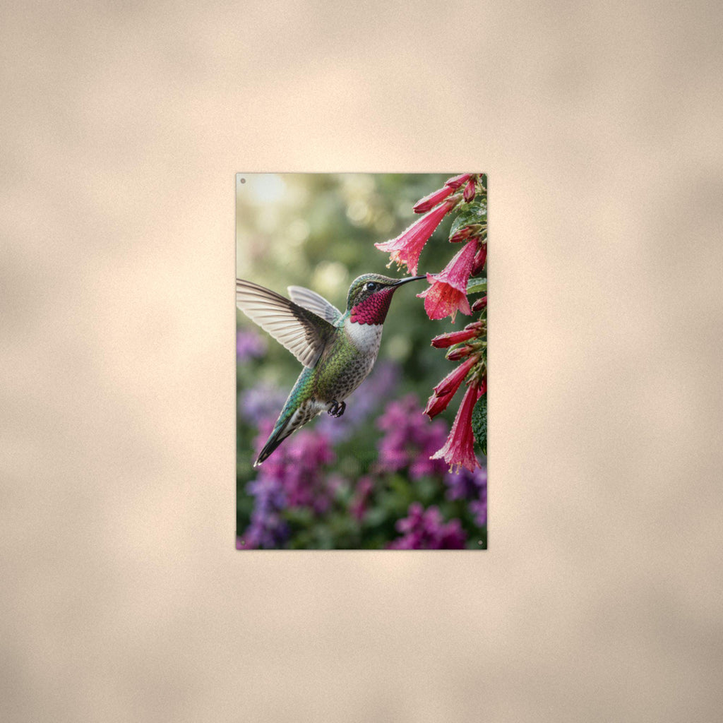 Hummingbird Red Blooms Hummingbird Metal Sign Aluminum Sign — alternate angle