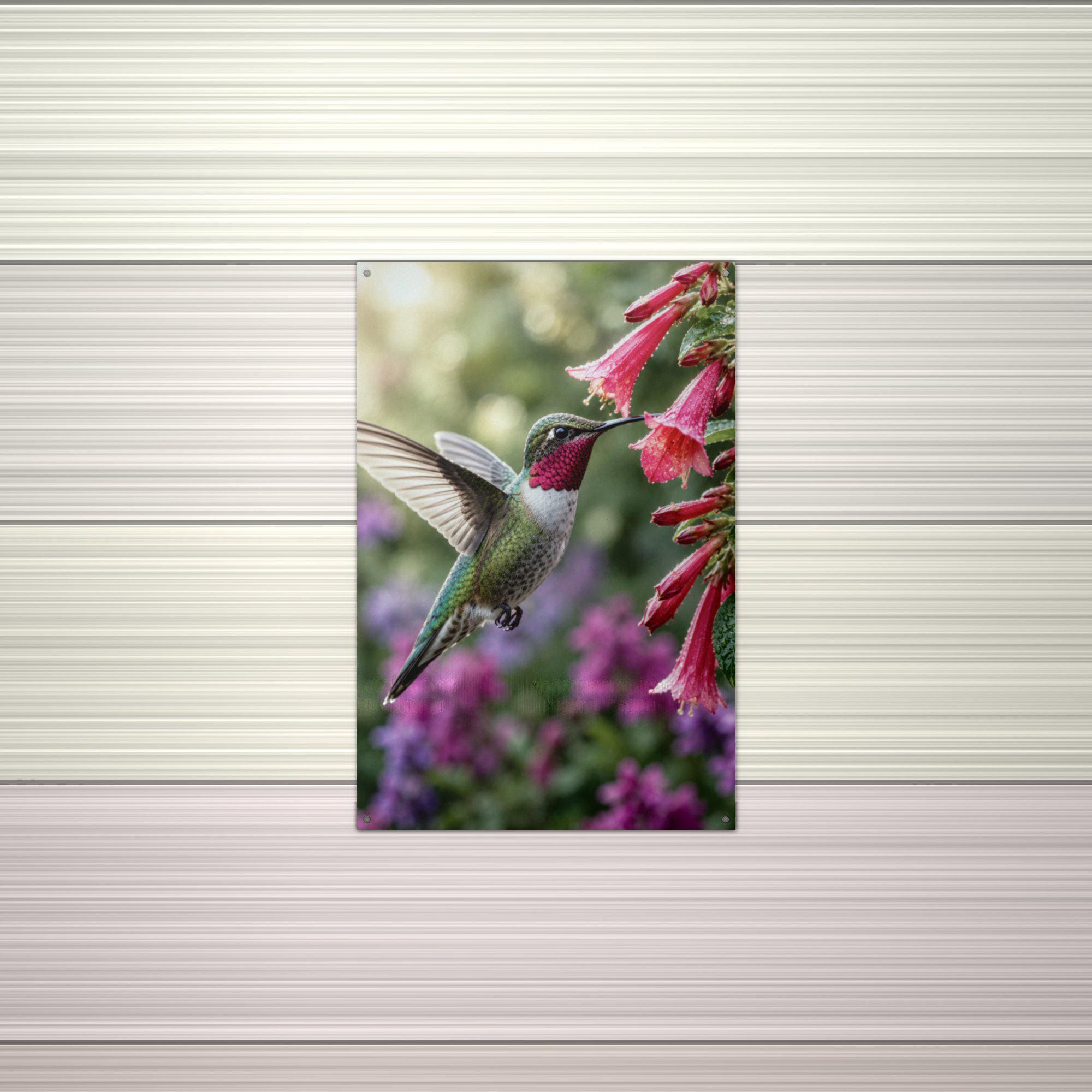 Hummingbird Red Blooms Hummingbird Metal Sign Aluminum Sign — alternate angle