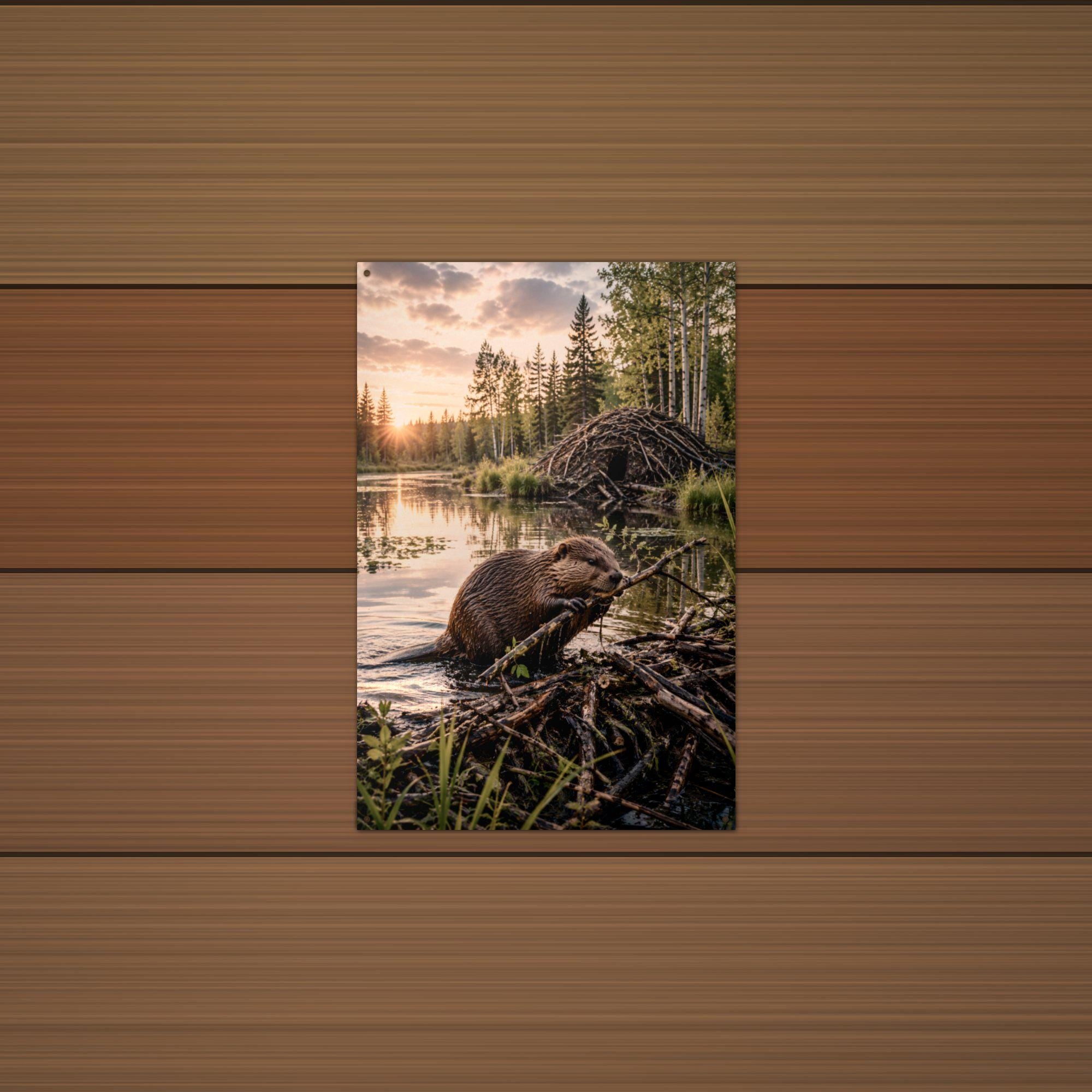 Beaver Lodge Sunset Beaver Metal Sign Aluminum Sign — lifestyle setting