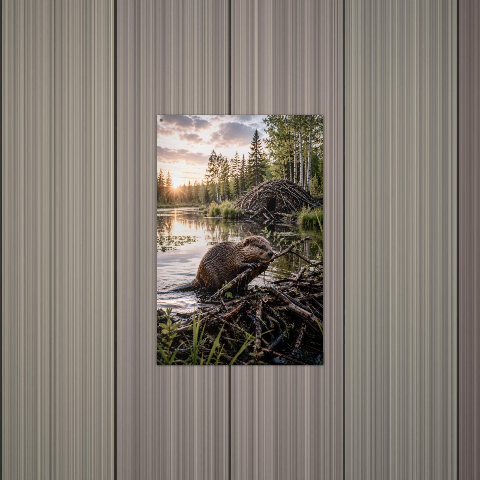 Beaver Lodge Sunset Beaver Metal Sign Aluminum Sign — alternate angle