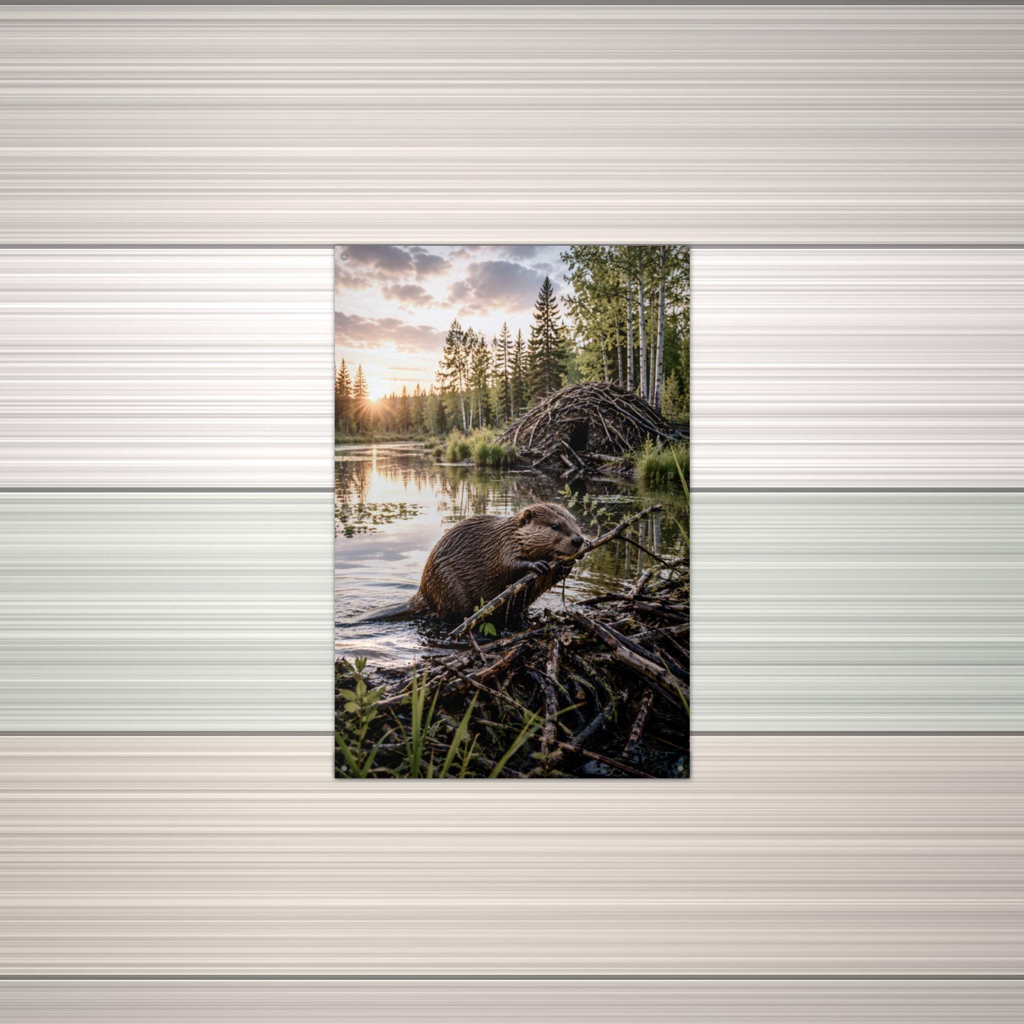Beaver Lodge Sunset Beaver Metal Sign Aluminum Sign — alternate angle