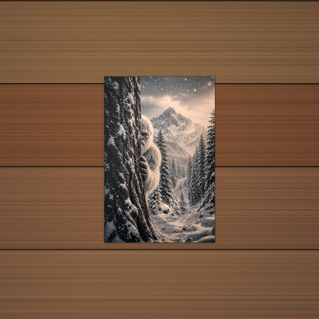 Silent Snowy Forest Yeti Metal Sign Bigfoot Aluminum Sign — lifestyle setting