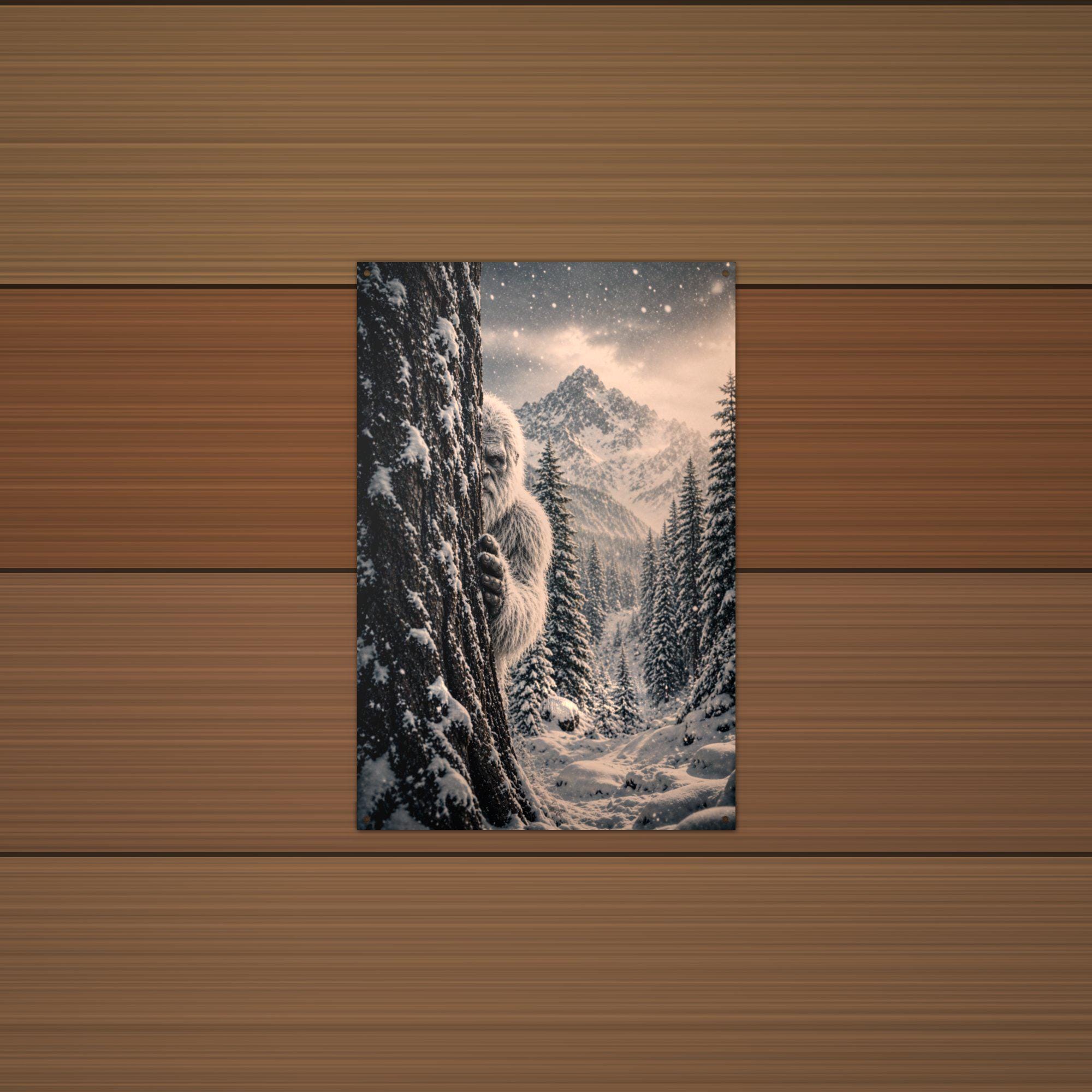 Silent Snowy Forest Yeti Metal Sign Bigfoot Aluminum Sign — lifestyle setting