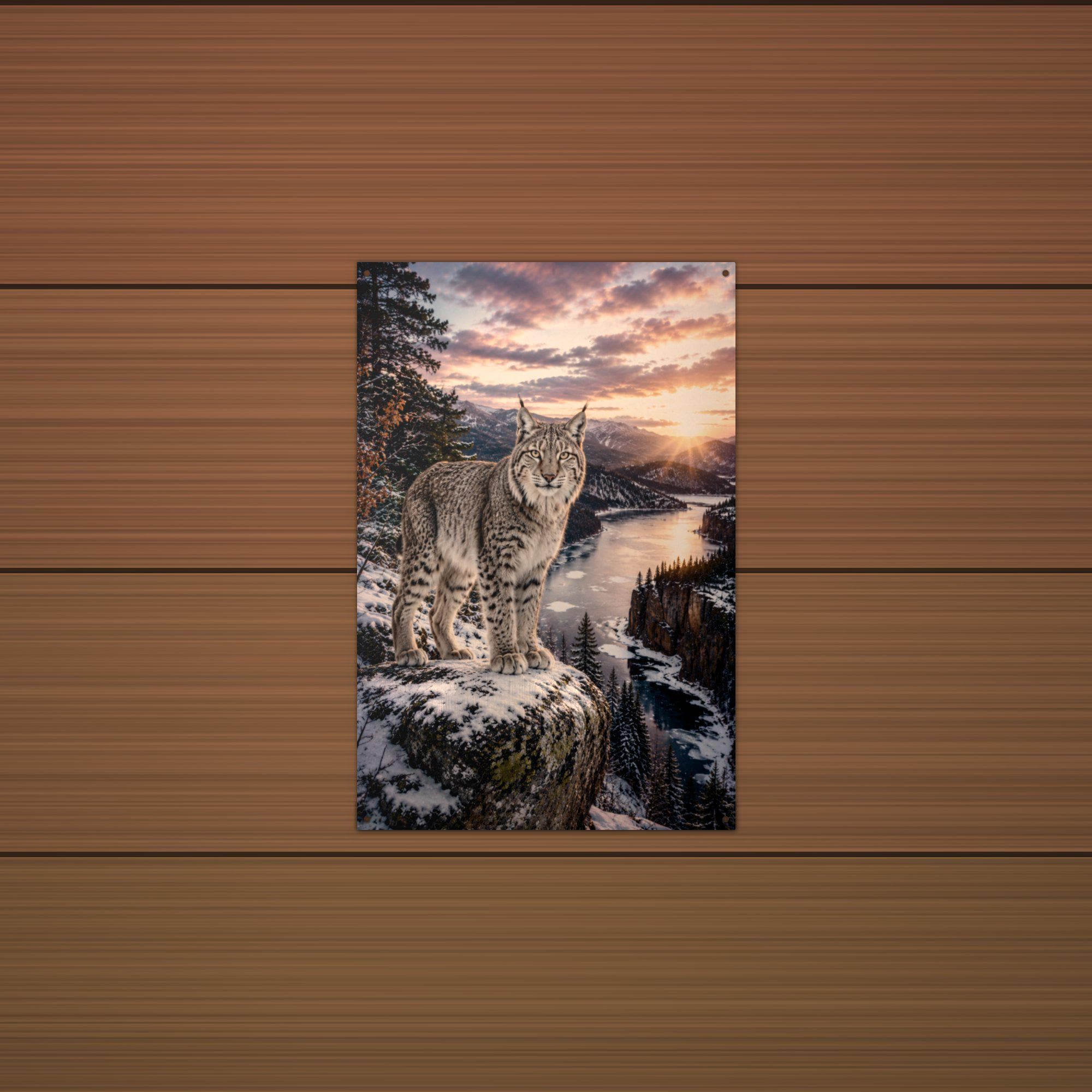 Lynx Cliff Sunset Lynx Metal Sign Aluminum Sign — lifestyle setting