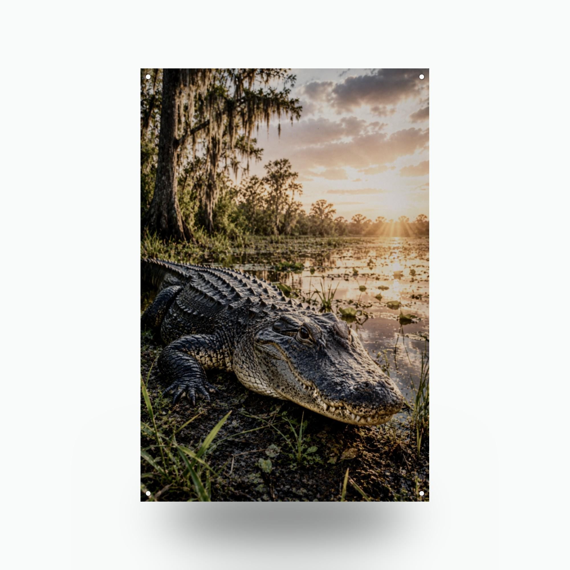 Swamp Gator Sunset Alligator Metal Sign Aluminum Sign — front view on white background