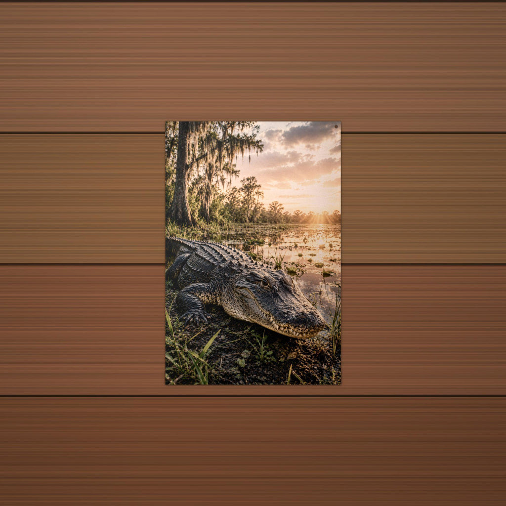 Swamp Gator Sunset Alligator Metal Sign Aluminum Sign — lifestyle setting