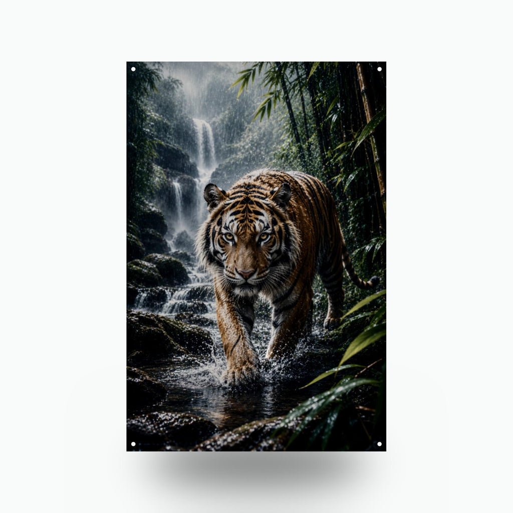 Tiger Waterfall Tiger Metal Sign Aluminum Sign — front view on white background