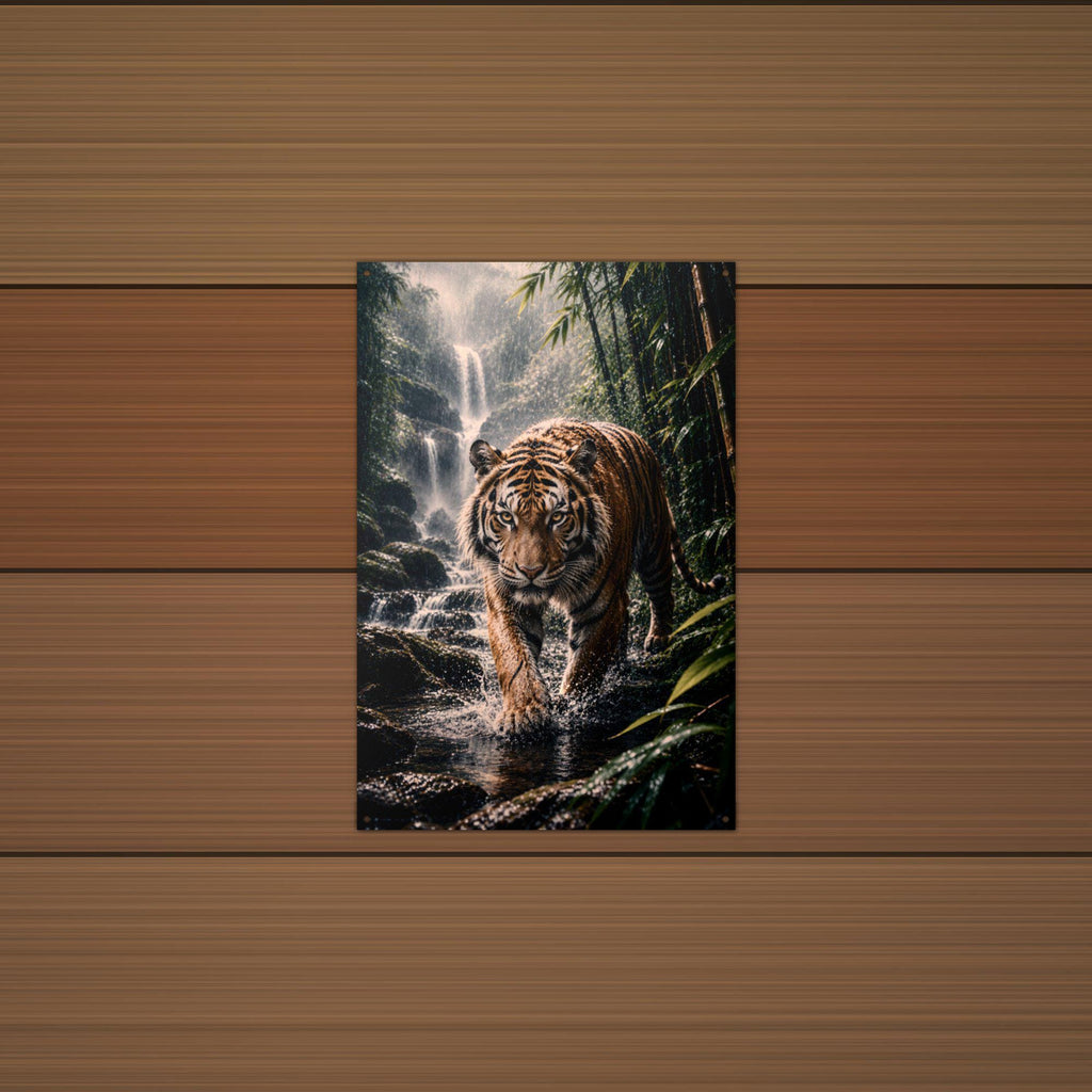 Tiger Waterfall Tiger Metal Sign Aluminum Sign — lifestyle setting