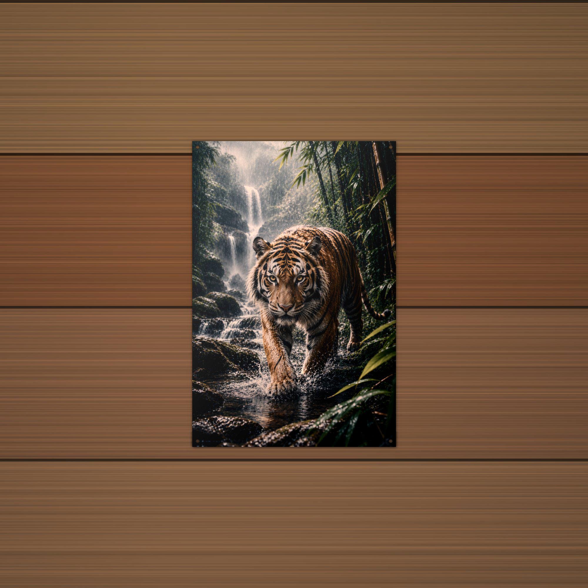 Tiger Waterfall Tiger Metal Sign Aluminum Sign — lifestyle setting