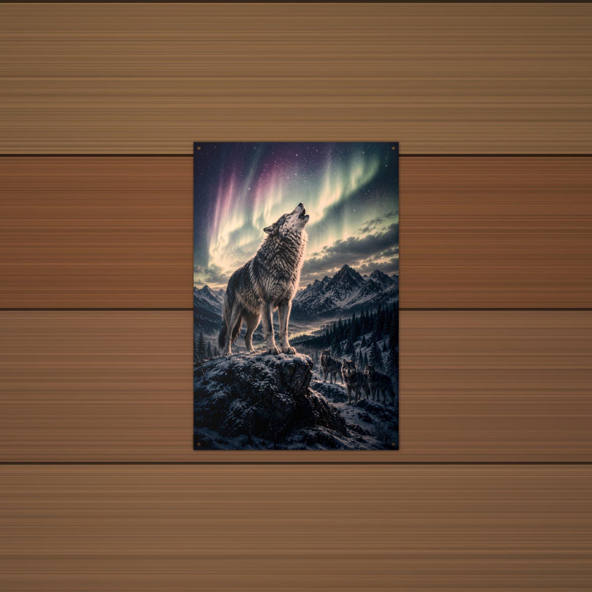 Aurora Wolf Howl Wolf Metal Sign Aluminum Sign — lifestyle setting