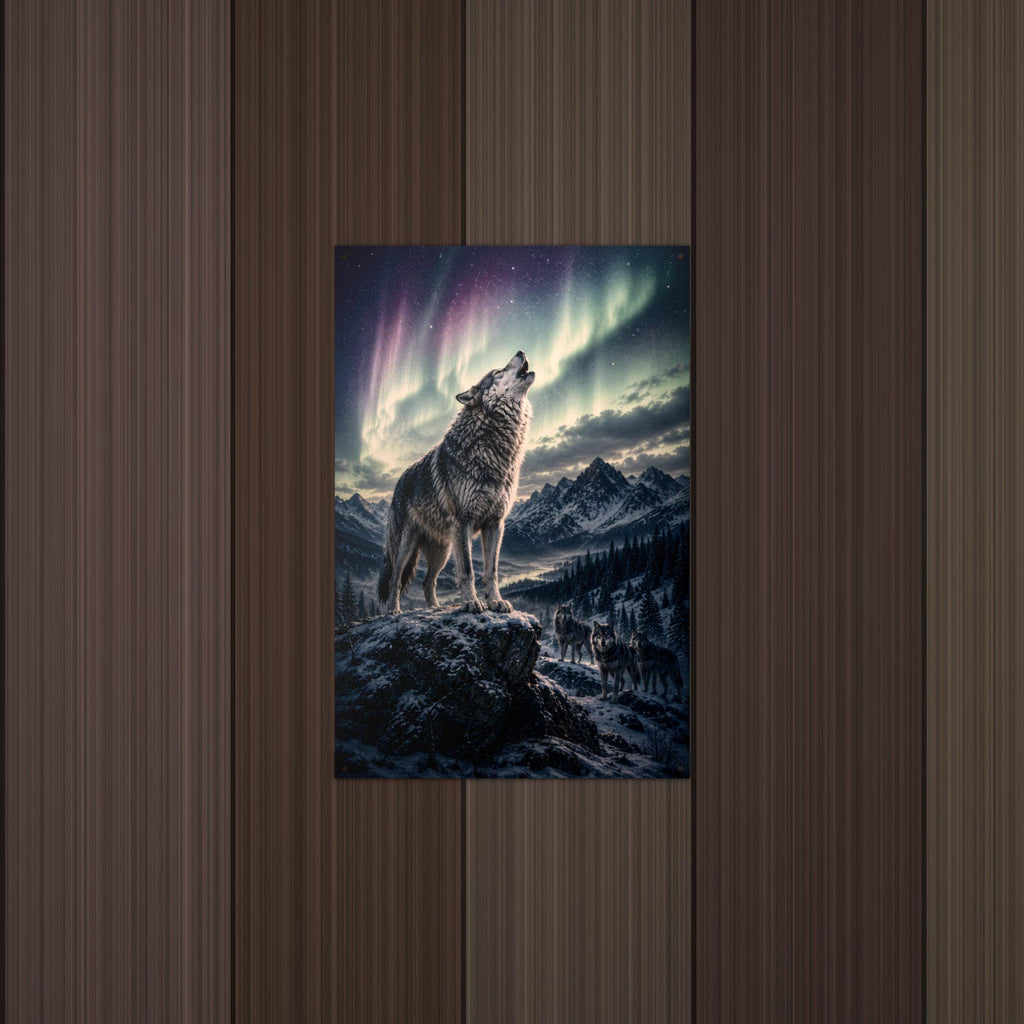 Aurora Wolf Howl Wolf Metal Sign Aluminum Sign — detail view
